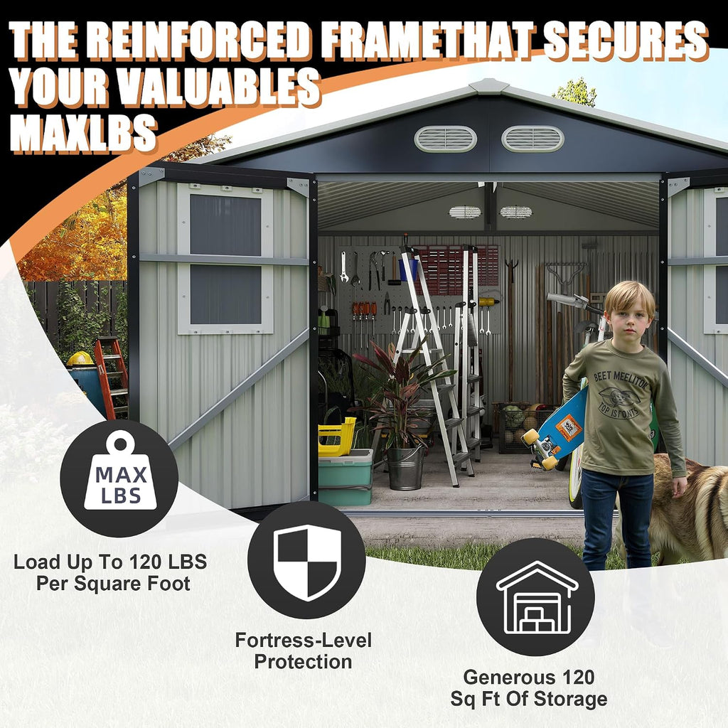 Metal Outdoor Storage Shed, 8x8 ft with Lockable Doors, Four Daylight Windows, Screened Vents, 120 sq ft Storage Space, Outdoor Garden Room ，Outdoor Pet Room (Dark Gray 8x8FT)