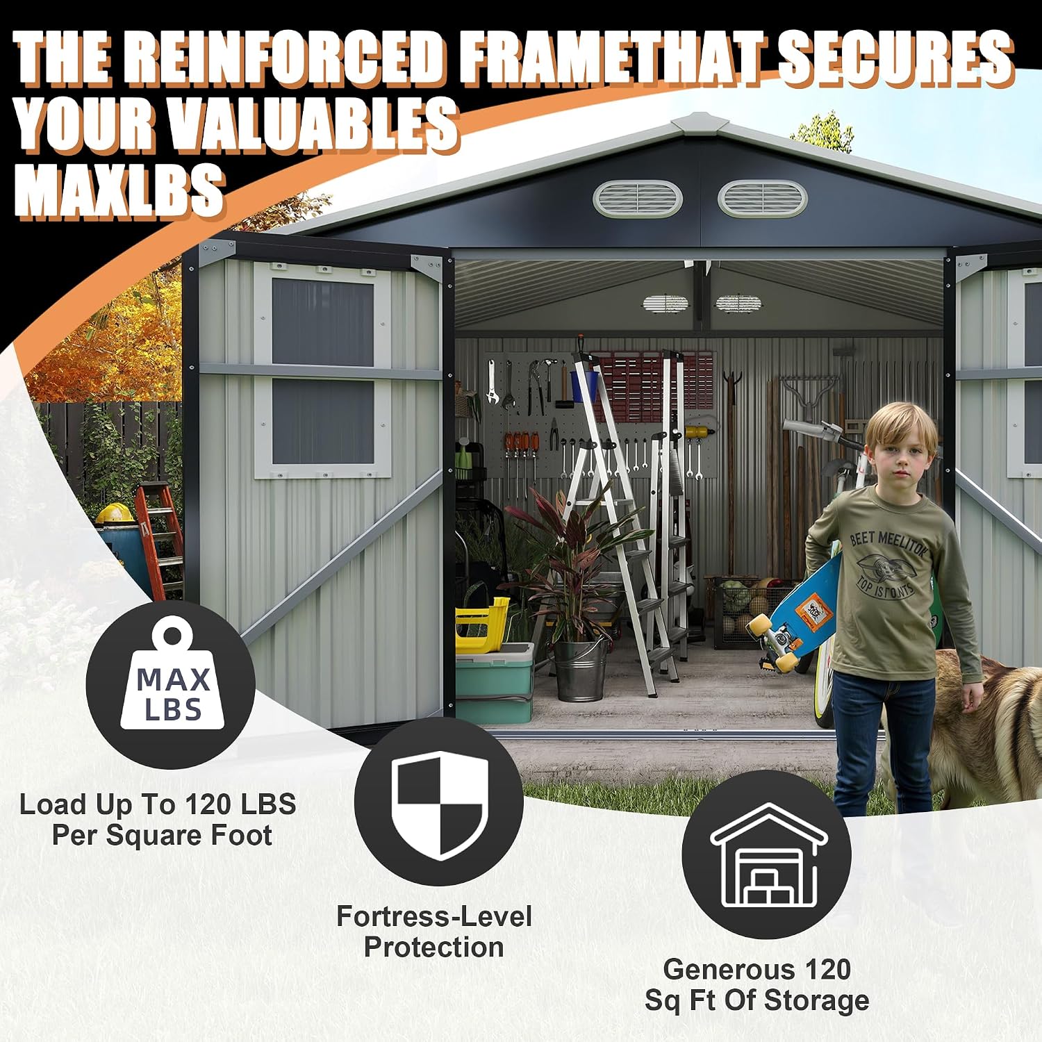 Metal Outdoor Storage Shed, 8x8 ft with Lockable Doors, Four Daylight Windows, Screened Vents, 120 sq ft Storage Space, Outdoor Garden Room ，Outdoor Pet Room (Dark Gray 8x8FT)