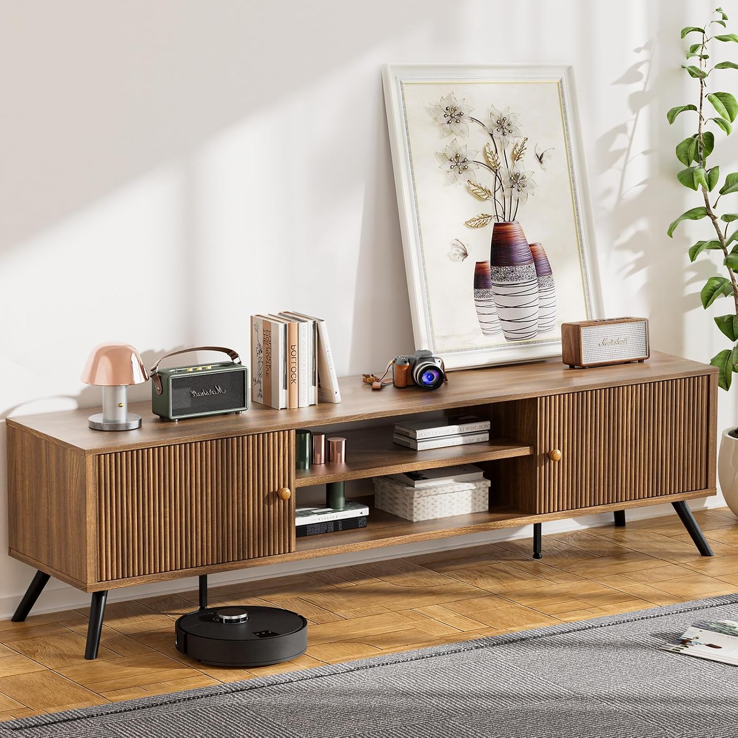 COMHOMA TV Stand for Living Room, Mid Century Modern Entertainment Center for 65/70/75 Inch TVs, Retro Brown TV Console with Fluted Door Cabinets and Open Adjustable Shelve Storage for Bedroom