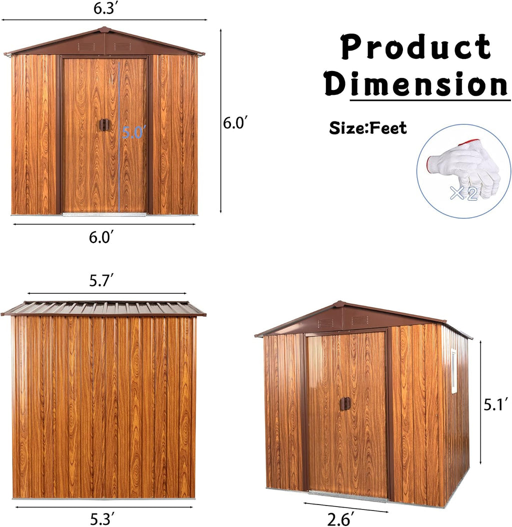 6 x 6 FT Outdoor Storage Shed with Floor Base and Window,Heavy Duty Metal Shed w/Sliding Doors & Padlock,Punched Vents,Large Waterproof Tool Sheds,Easy to Assemble,Coffee