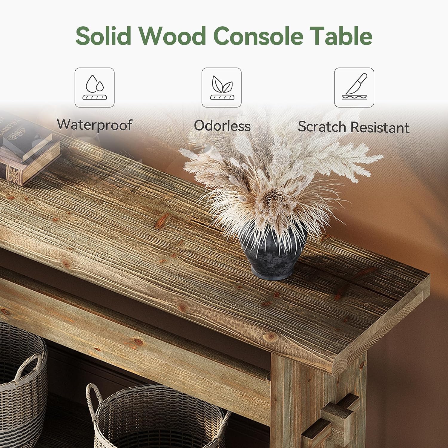 TRIBEWOOD 63-Inch Solid Wood Console Table for Entryway, Narrow Long Farmhouse Sofa Table Behind Couch, for Foyer, Hallway, Living Room, Easy Asswmbly, Brown Greige