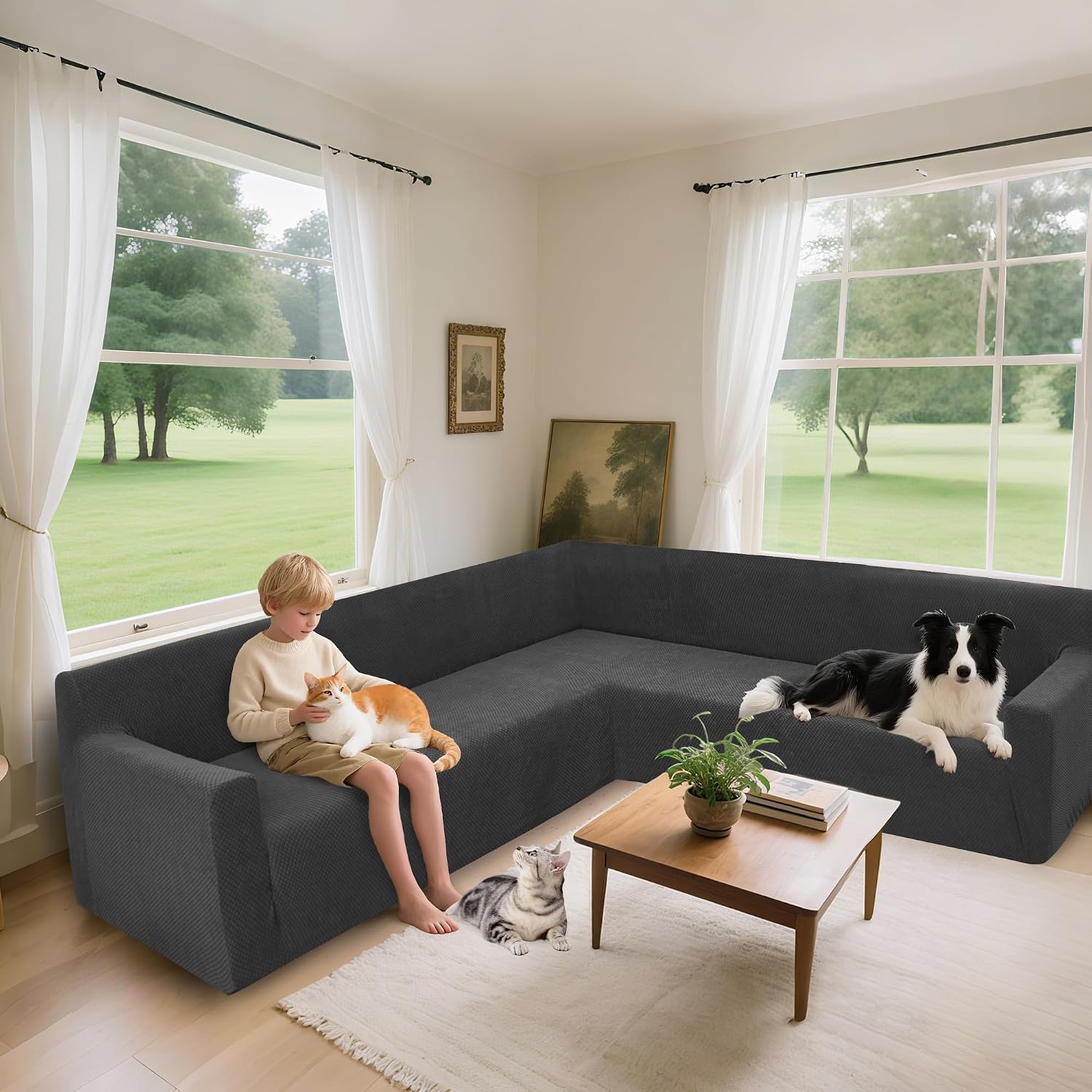 Arfntevss Stretch Sectional Couch Covers L Shaped Corner Sectional Sofa Cover Washable Jacquard Soft Fleece U Shape Sofa Slipcovers Anti Slip Furniture Protector for Dogs Pets (Medium, Dark Gray)