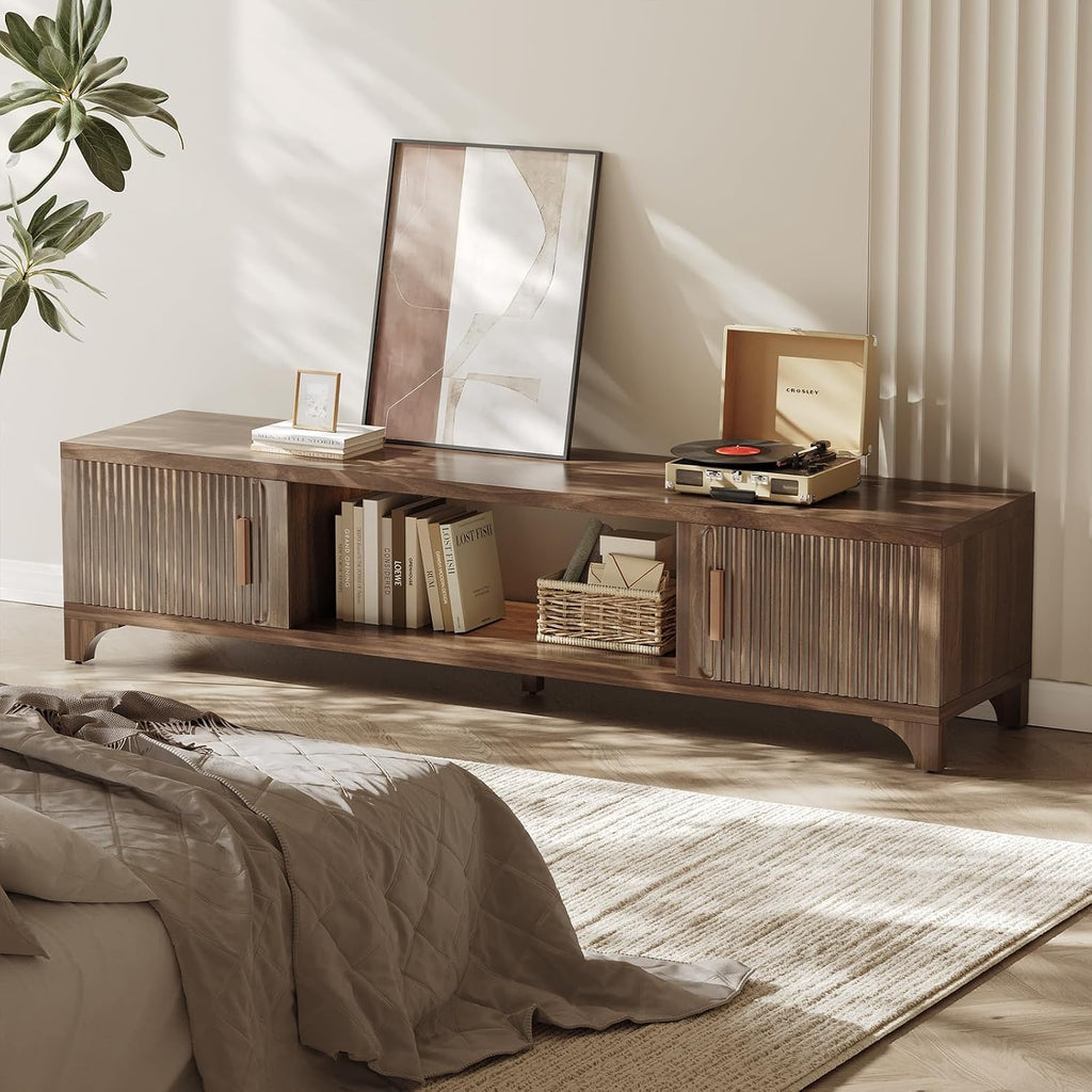 Mid Century Modern TV Stands for 65/70/75 Inch TV, Boho Media Console for Living Room, Fluted TV Entertainment Center with Storage, Wood Television Cabinet for Bedroom