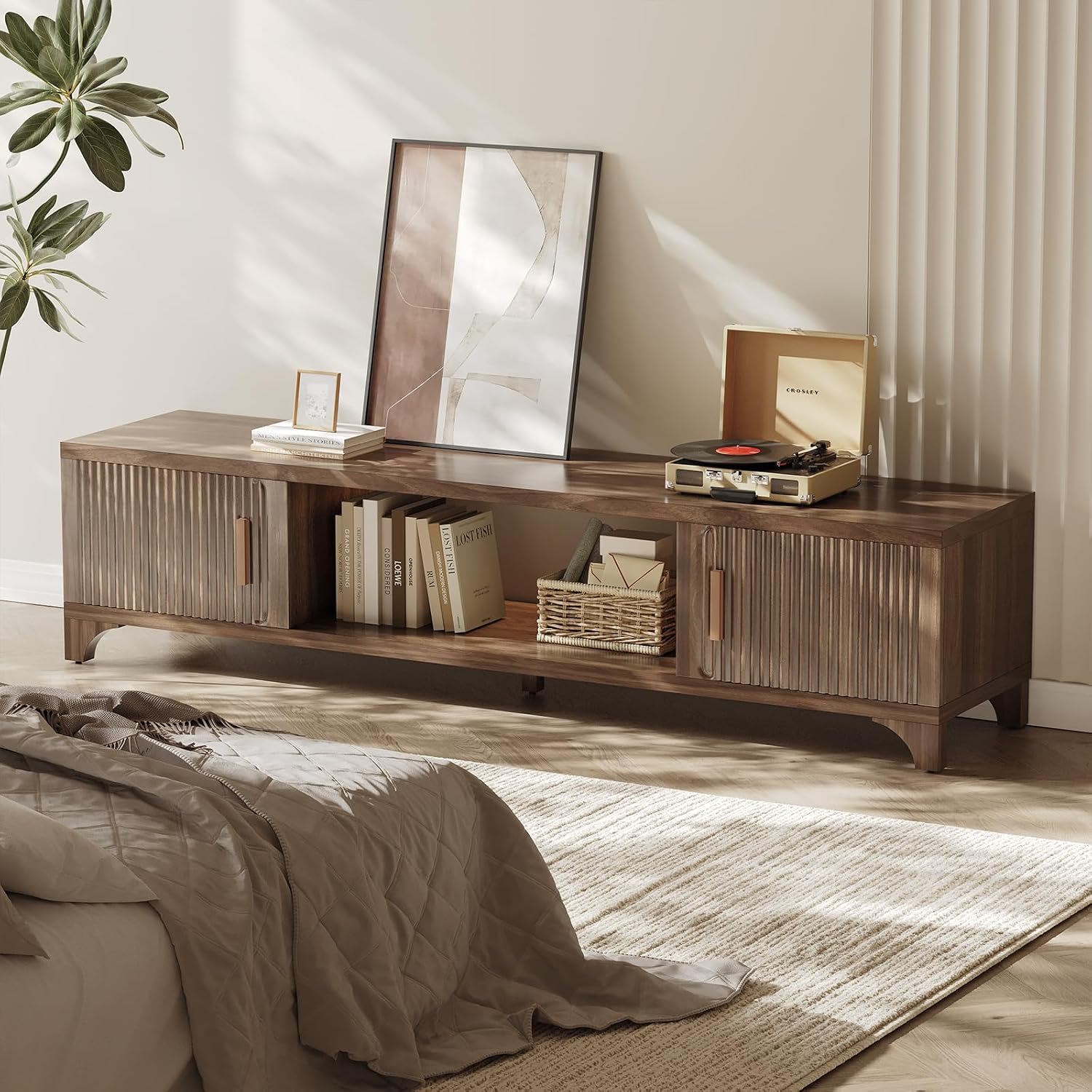 Mid Century Modern TV Stands for 65/70/75 Inch TV, Boho Media Console for Living Room, Fluted TV Entertainment Center with Storage, Wood Television Cabinet for Bedroom