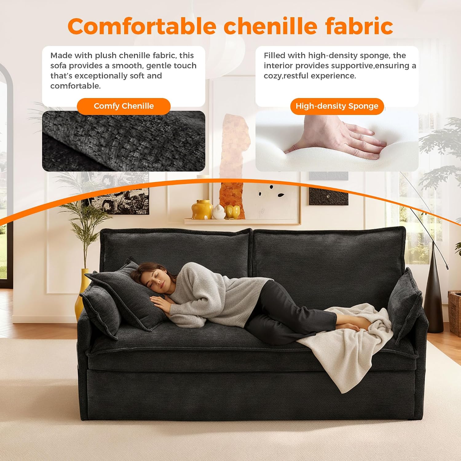 2 in 1 Queen Pull Out Sleeper Sofa Couch Bed-59.5'Convertible Sofabed with USB/C-Type Charging Ports,Chenille Sleeper Sofa with Side Pockets,Futon Couch for Living Room,Bedroom,Small Space,RV, Black