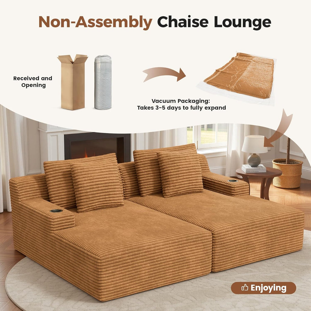 Luxanimarion 80'' Double Chaise Lounge Chair Indoor, Non-Assembly Deep Seat Sofa with Cup Holders Boneless Bed with 4pcs Pillows for Living Room Bedroom, Camel-Corduroy