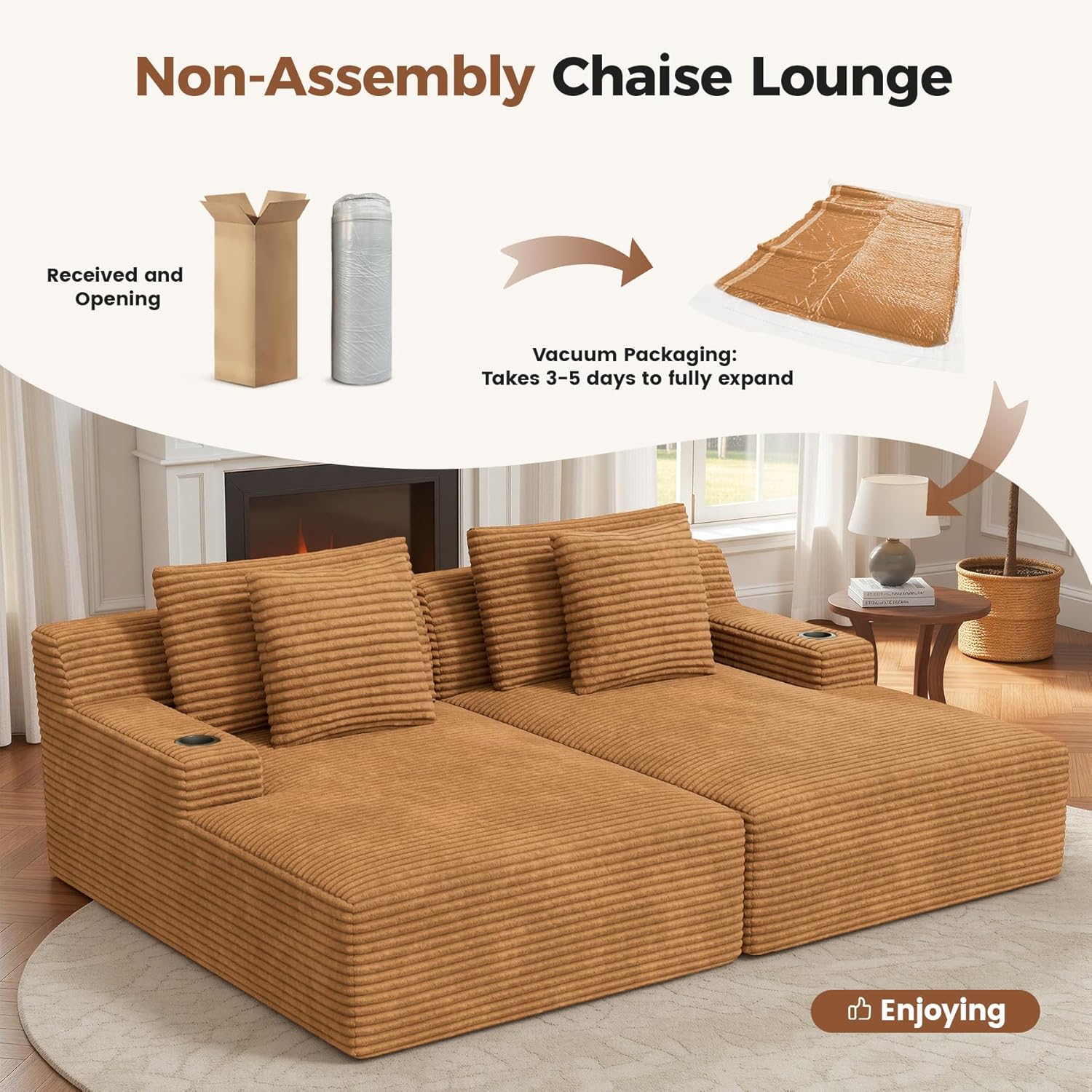 Luxanimarion 80'' Double Chaise Lounge Chair Indoor, Non-Assembly Deep Seat Sofa with Cup Holders Boneless Bed with 4pcs Pillows for Living Room Bedroom, Camel-Corduroy