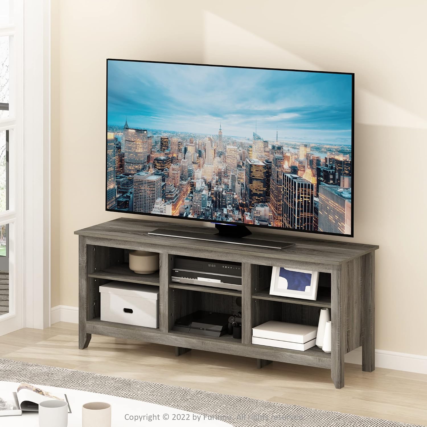 Furinno Jensen TV Stand with Shelf, 65-Inch, French Oak Grey