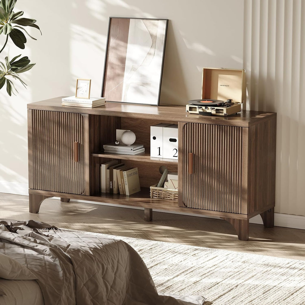 Tall Mid Century Modern TV Stands for 55/60/65 Inch TV Boho Media Console for Living Room Fluted TV Entertainment Center with Storage Wood Television Cabinet for Bedroom