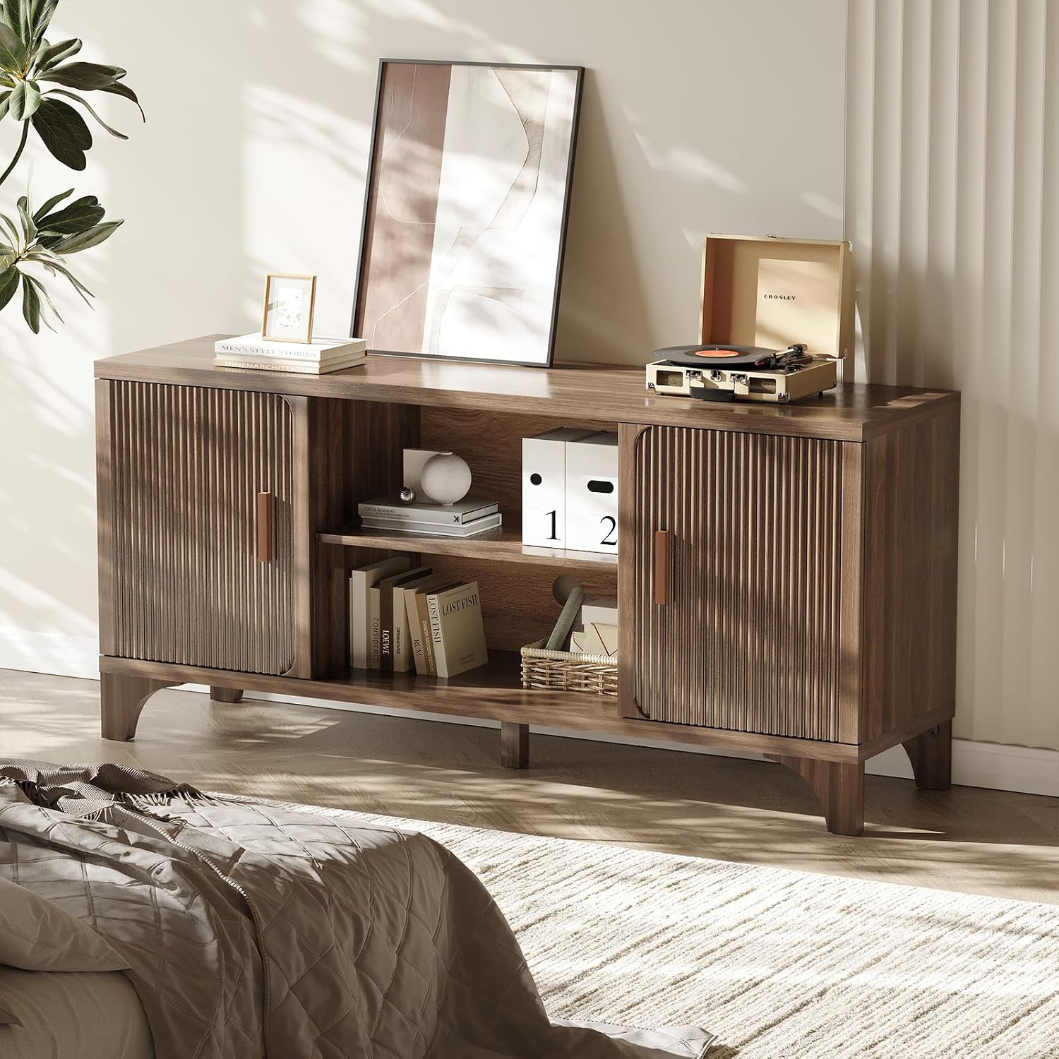 Tall Mid Century Modern TV Stands for 55/60/65 Inch TV Boho Media Console for Living Room Fluted TV Entertainment Center with Storage Wood Television Cabinet for Bedroom