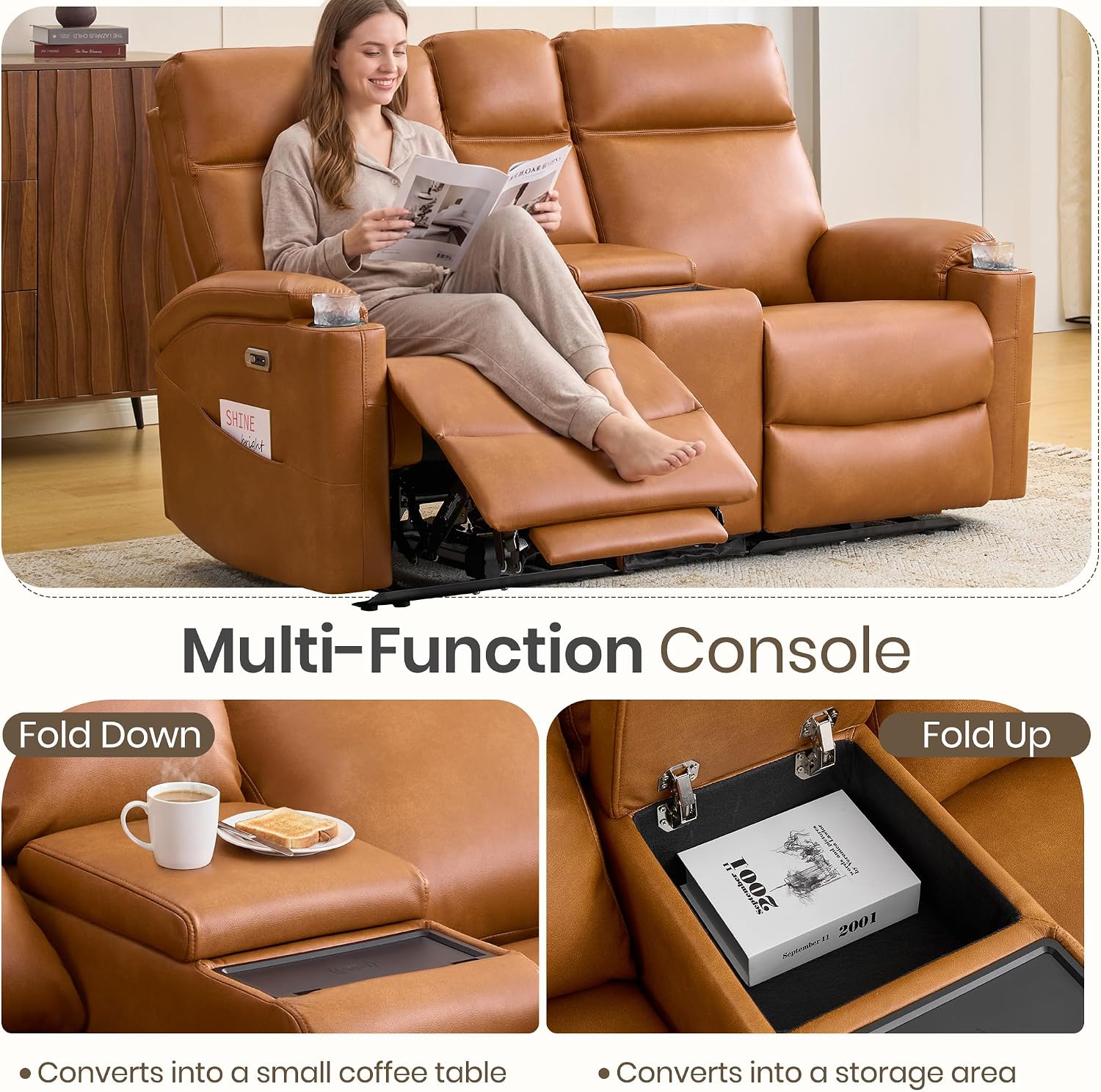 Power Recliner Loveseat, Electric Reclining Sofa with Wireless Charger, Wall Hugger Loveseat Recliner with Extended Footrest, 2-Seater Couch for Living Room, RV & Office (Brown)