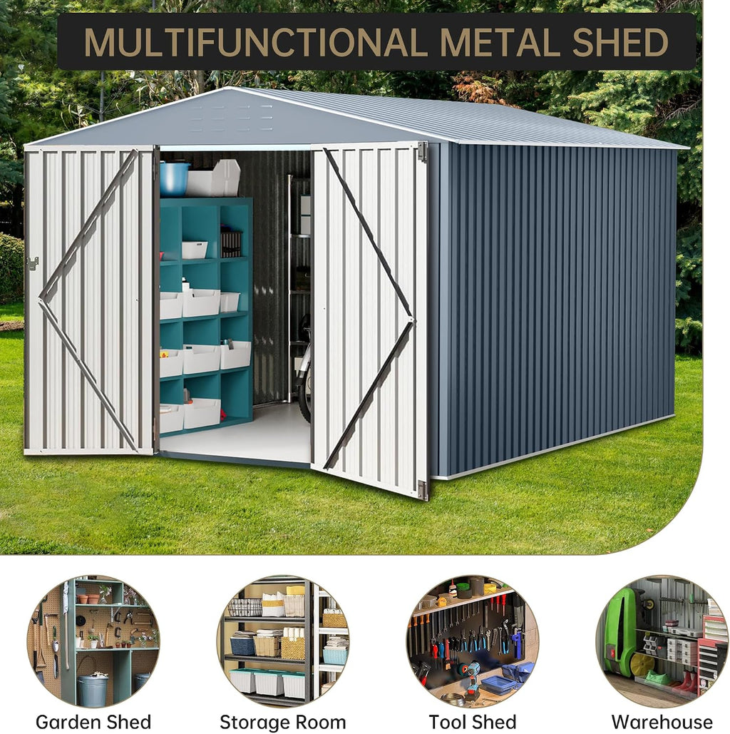 Outdoor Storage Shed,10x10 FT Large Garden Shed,Large Metal Tool Sheds with Sloping Roof and Vents,Updated Reinforced and Lockable Doors Frame Metal Storage Shed for Patio for Backyard,Patio,Garage