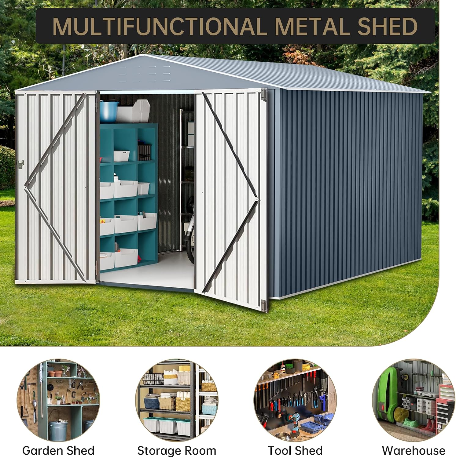 Outdoor Storage Shed,8x12 FT Large Garden Shed,Large Metal Tool Sheds with Sloping Roof and Vents,Updated Reinforced and Lockable Doors Frame Metal Storage Shed for Patio for Backyard,Patio,Garage