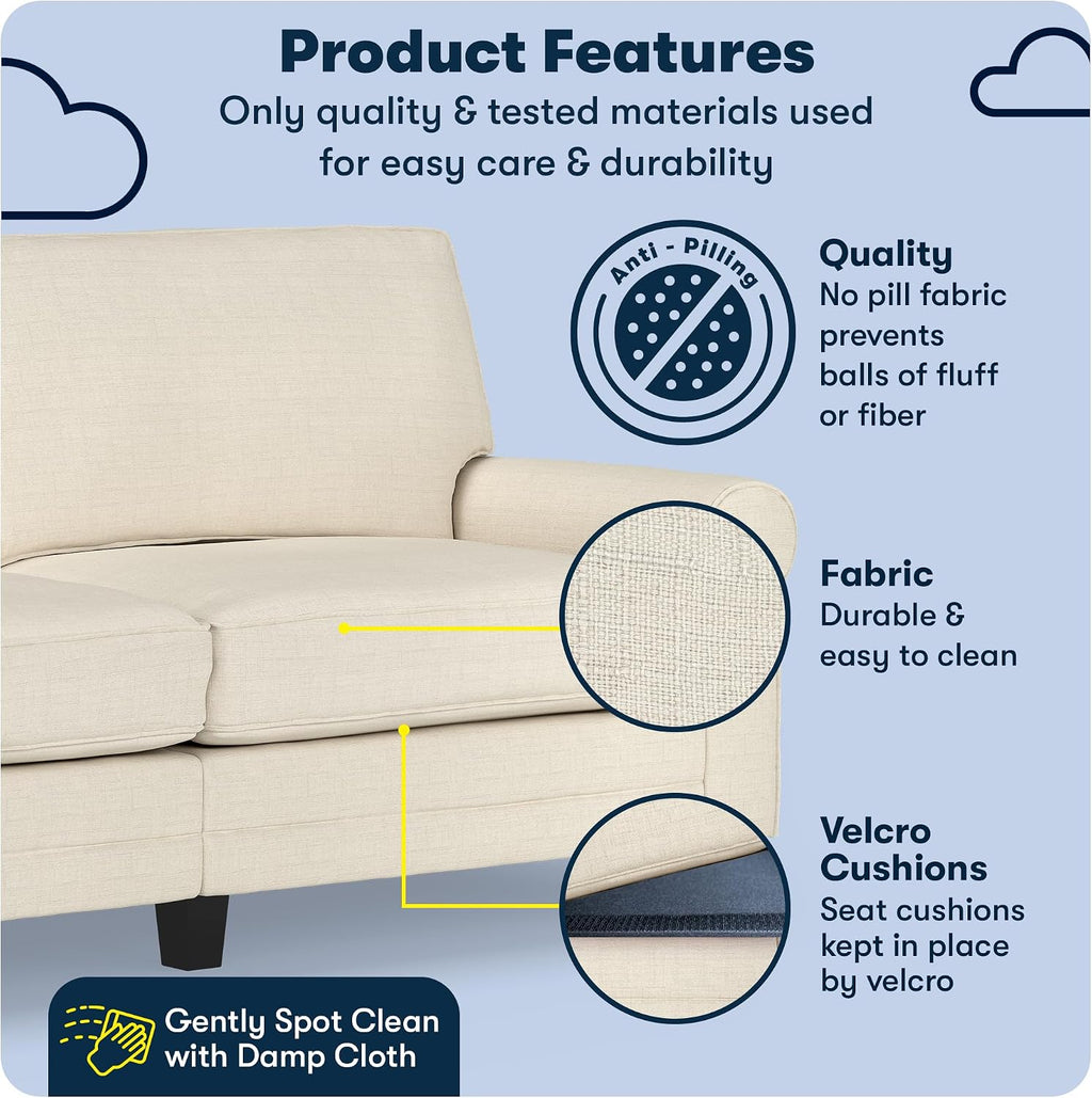 Serta Copenhagen 78' Rolled Arm Sofa, Easy Care Polyester, Soft Pillow Back, Pocket Coil Seat Cushions, Removable Covers, Loveseat or Couch for Small Spaces, Living Rooms or Bedrooms, Buttercream