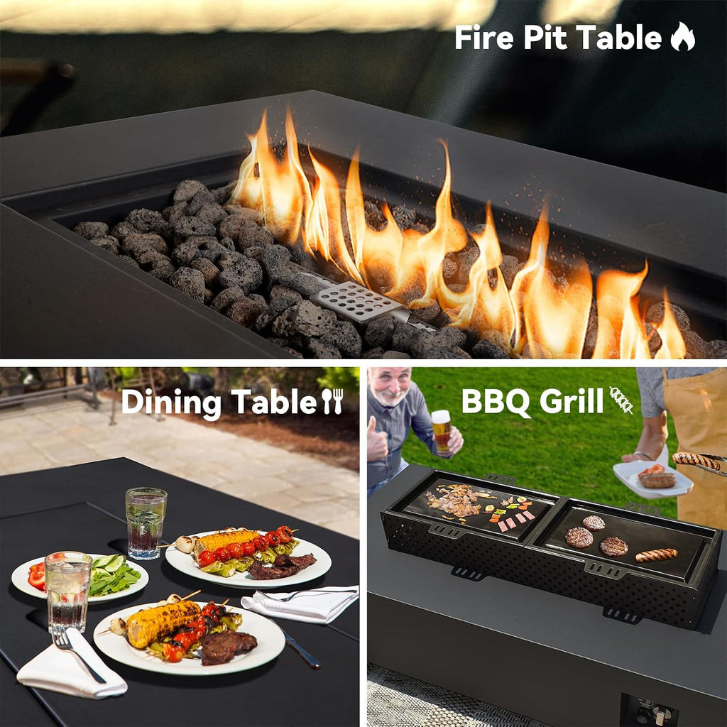 48 Inch Propane Fire Pit Table, 3-in-1 Rectangle Gas Fire Pits, 50,000 BTU Outdoor Fire Pit with Tank Cover, Griddle and Rain Cover, Suitable for Patio, Balcony and Courtyard
