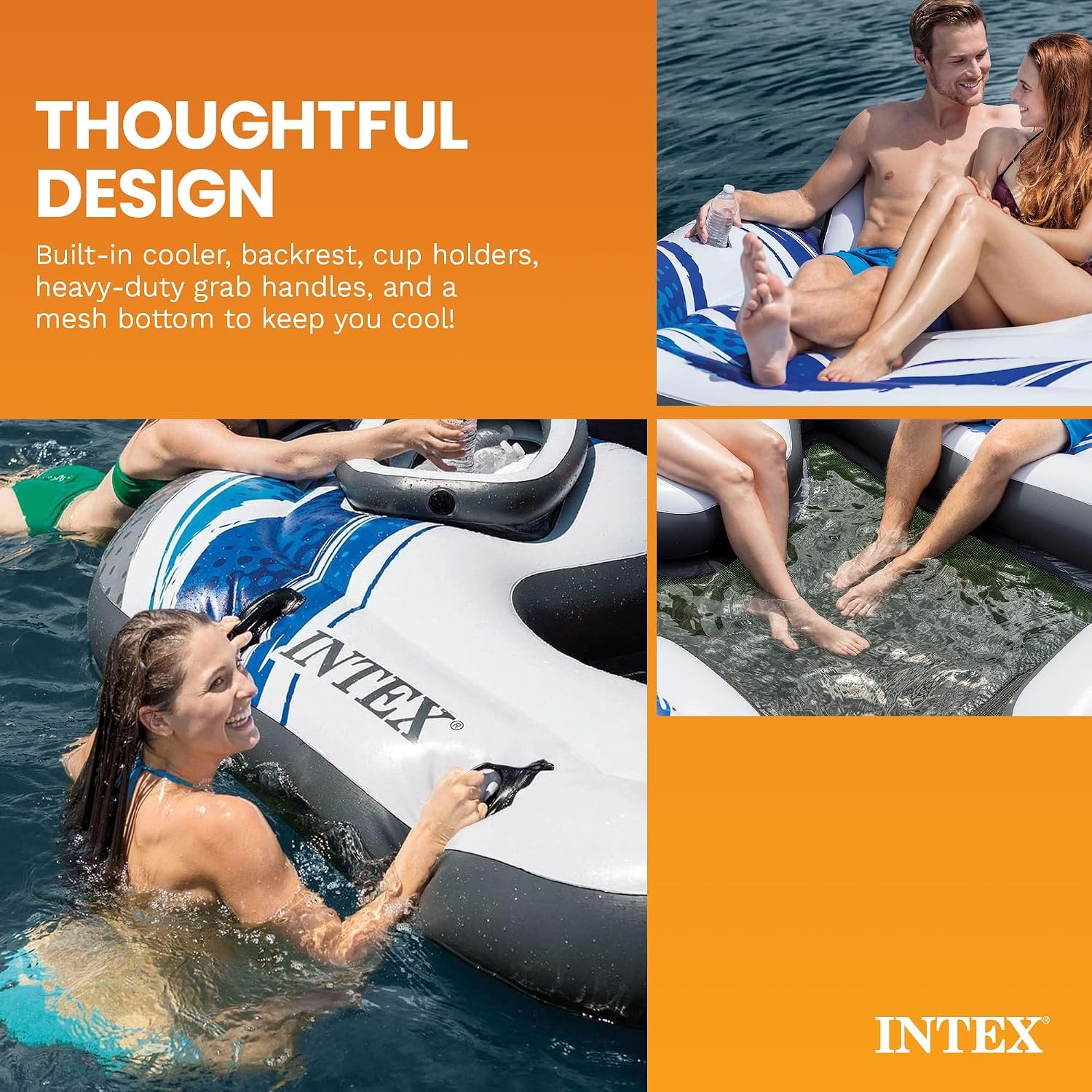 Intex Blue Tropic Inflatable 5 Person Raft or Swimming Pool Island Water Floating Lounger Raft with Backrests, Built in Cooler, and 4 Cupholders