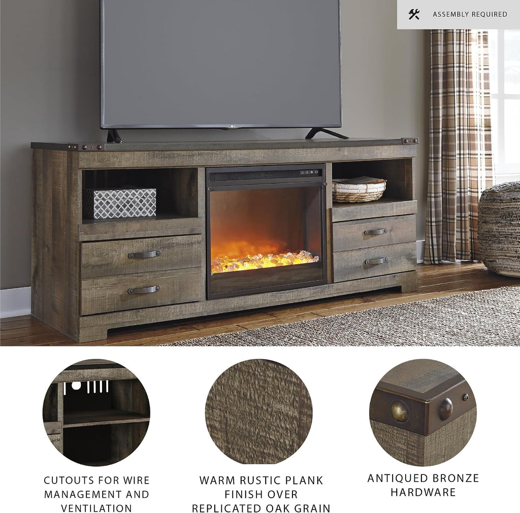 Signature Design by Ashley Trinell 63' TV Stand with Electric Fireplace Insert, Rustic Wood Look Media Console with Infrared Heat, Storage Drawers and Remote Control for Living Room Warmth
