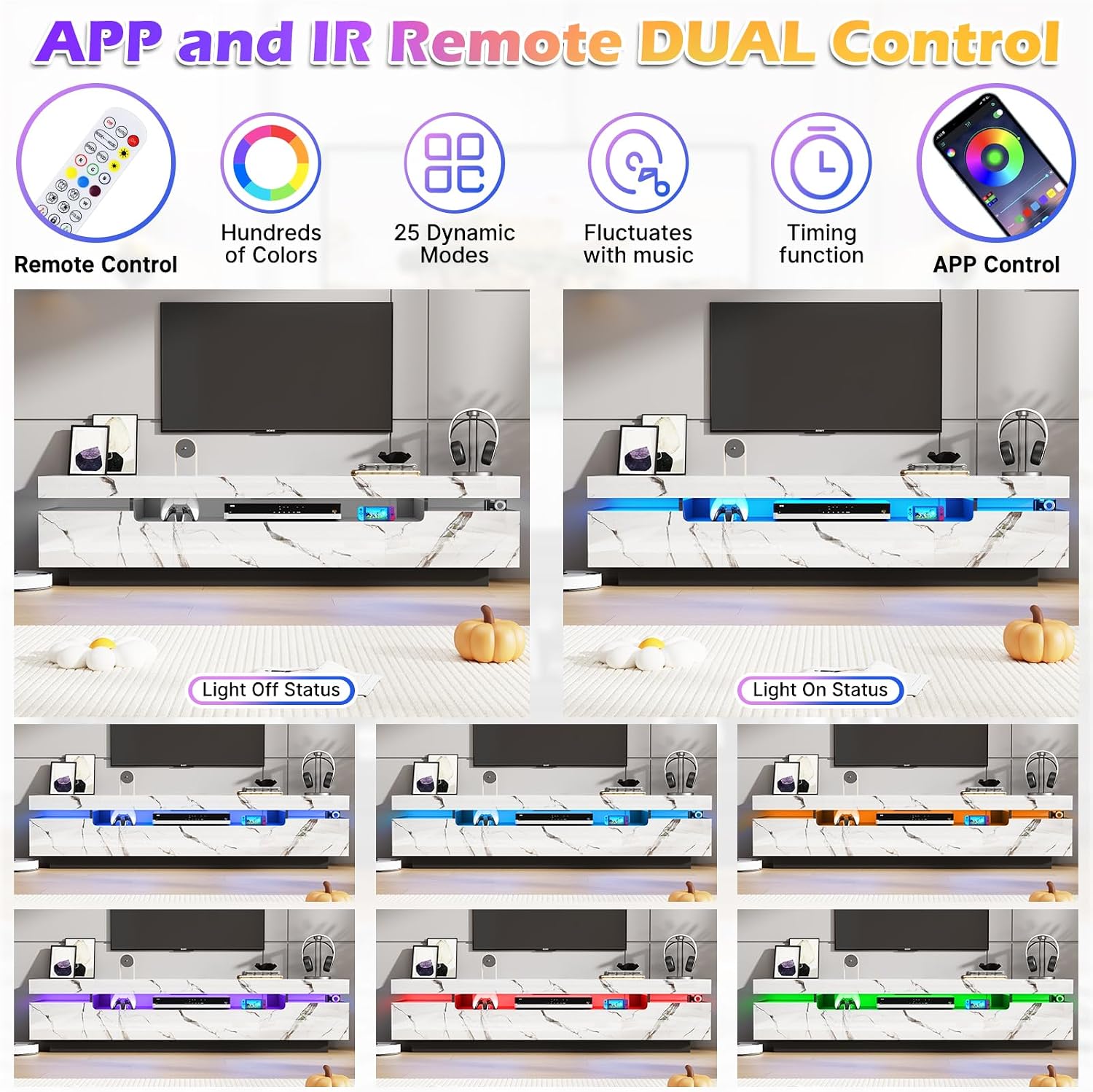 Uspeedy 70IN White TV Stand for 75/80 inch TV,Modern LED TV Stand for Living Room,High Gloss Entertainment Center with Storage Drawer,APP RGB Light,TV Console,Television Stands(Marbling)
