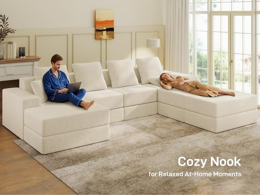 Living&Giving 128' U-Shaped Cloud Sectional Couch for Living Room, Cloud Boneless Couch-No Assembly with Reversible Chaise, Customizable 4-Seat Modular Sectional Sofa with 3 Ottoman, Beige
