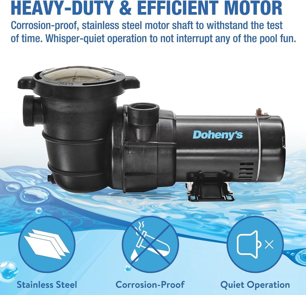 Doheny's 1.5 HP Above Ground Swimming Pool Pump | 115V, 83 GPM (1.2 THP) | Stainless Steel Shaft, Reinforced Thermoplastic, Low-Noise, High-Efficiency | 1.5' Internal & 2.5' External Threading