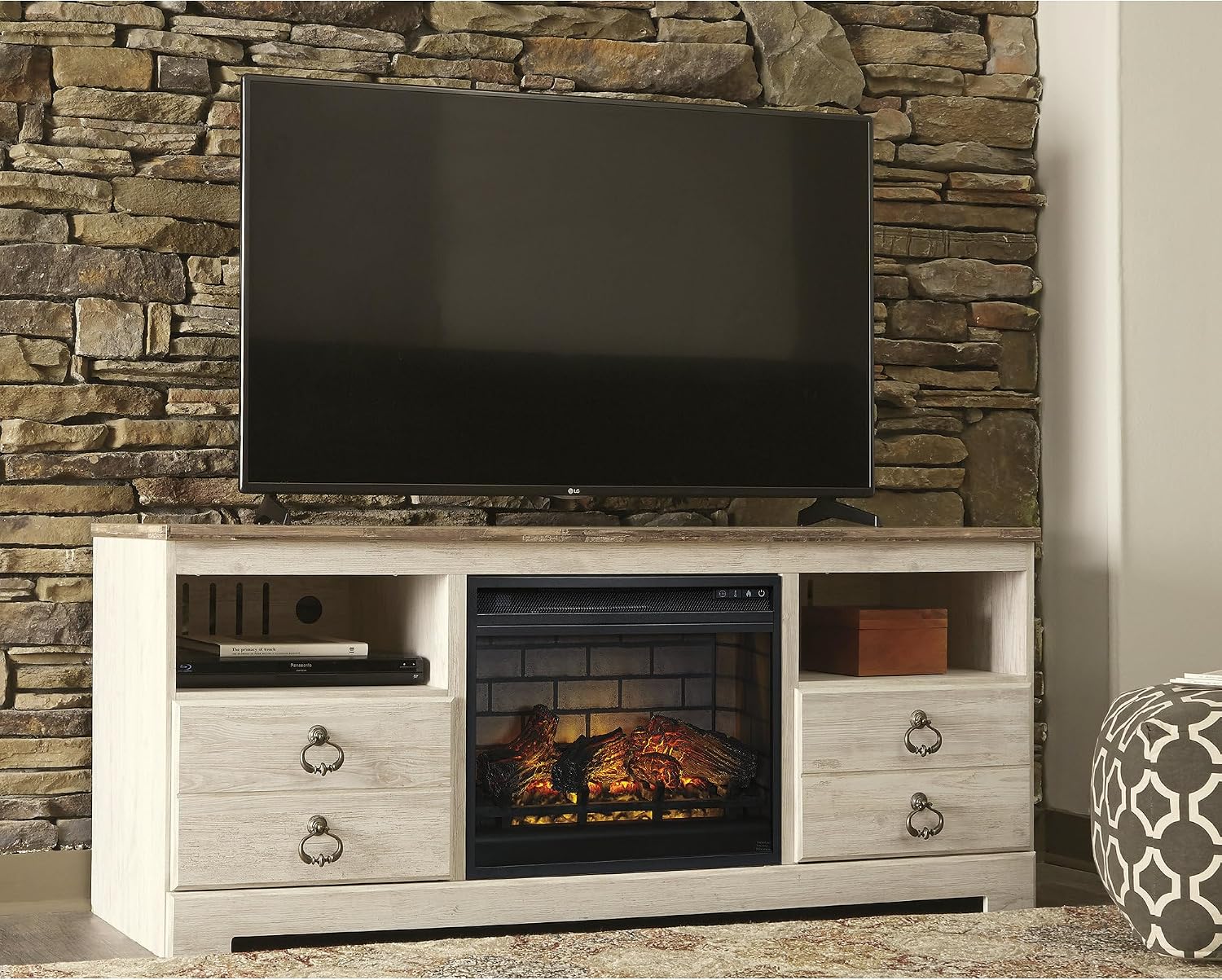 Signature Design by Ashley Entertainment Accessories Vintage 64' TV Stand with Electric Fireplace and LED Lights for TVs up to 72', Whitewash