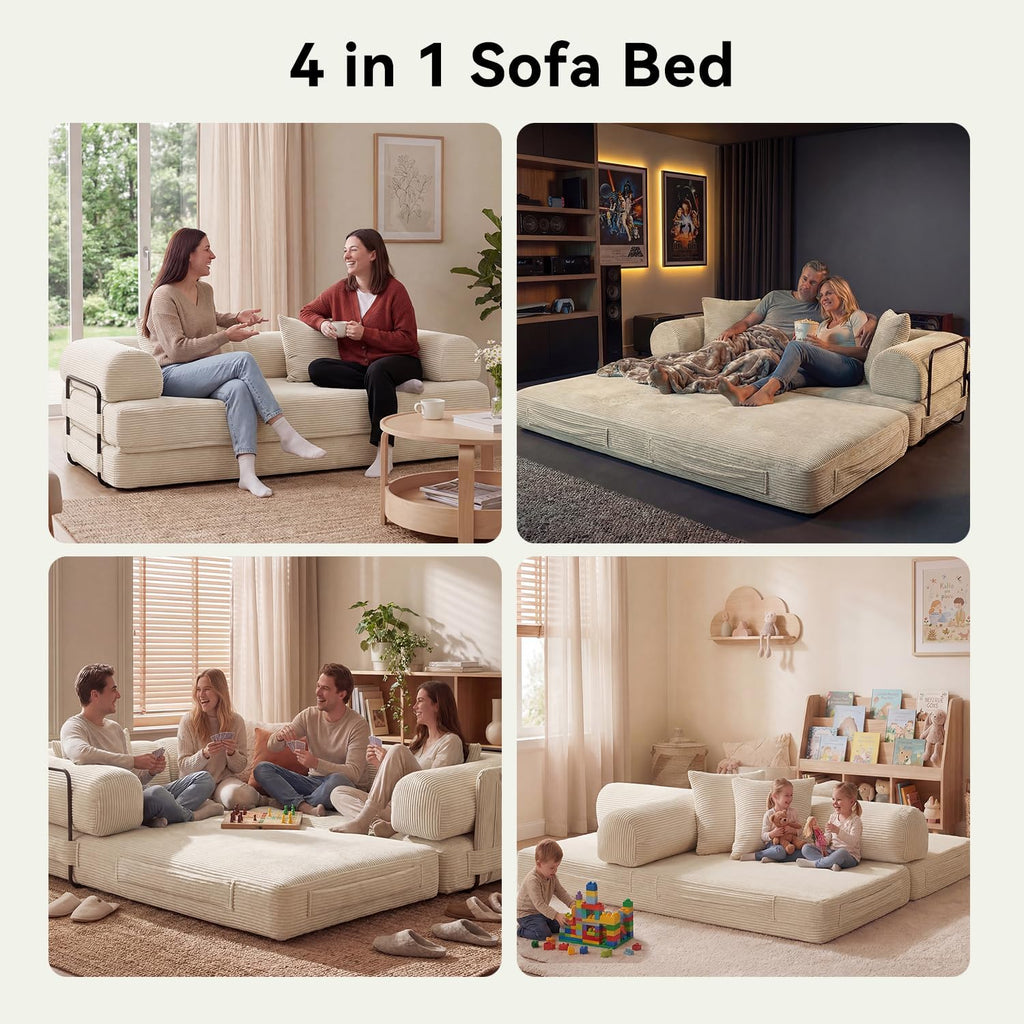 79' Sofa Bed Convertible Boneless Couch Corduroy Modular Couch Bed with Fixed-Shape Frame & Removable Armrests for Living Room, Bedroom (White)