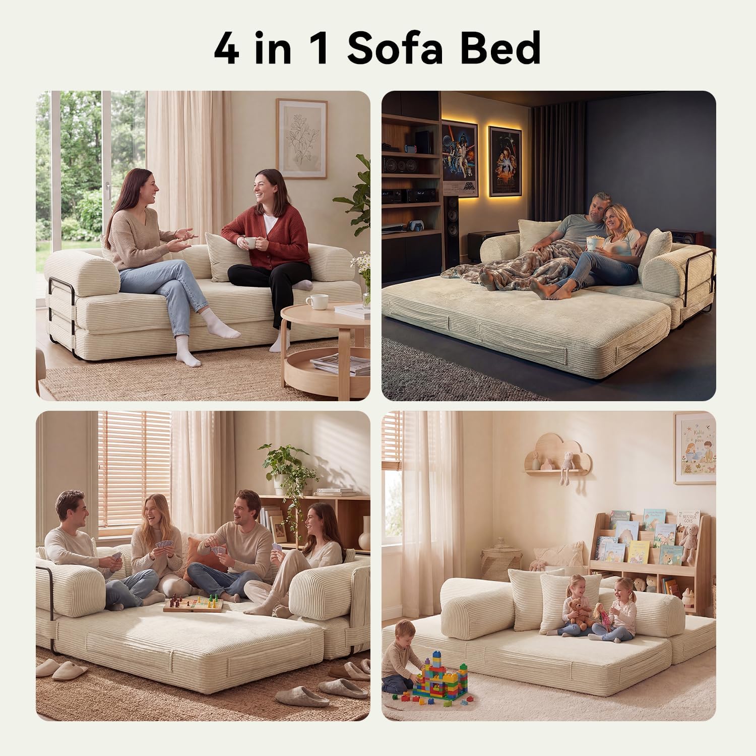 79' Sofa Bed Convertible Boneless Couch Corduroy Modular Couch Bed with Fixed-Shape Frame & Removable Armrests for Living Room, Bedroom (White)