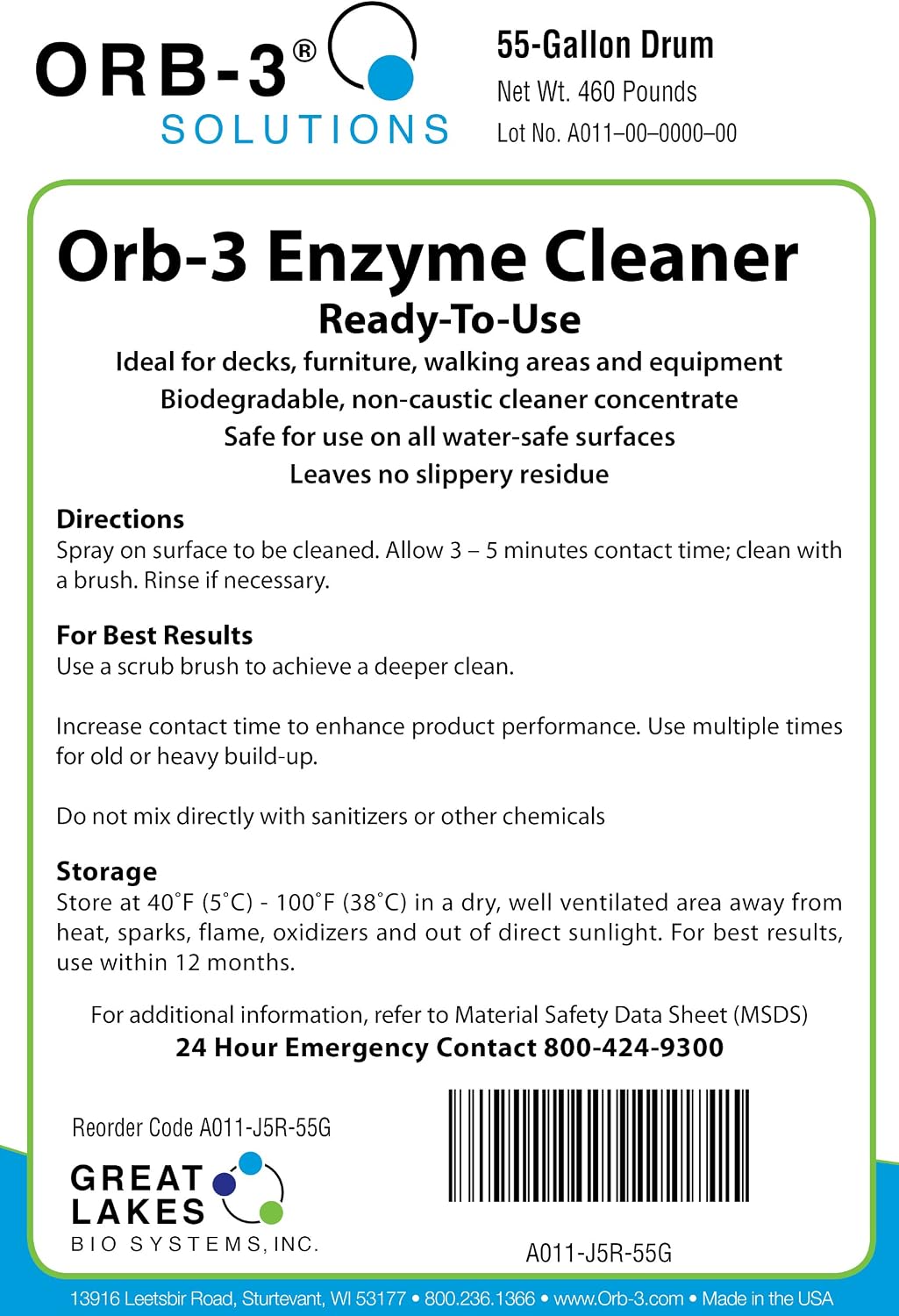 Orb-3 A011-J5R-55G Enzyme Ready to Use Cleaner for Pools, 55-Gallon Drum