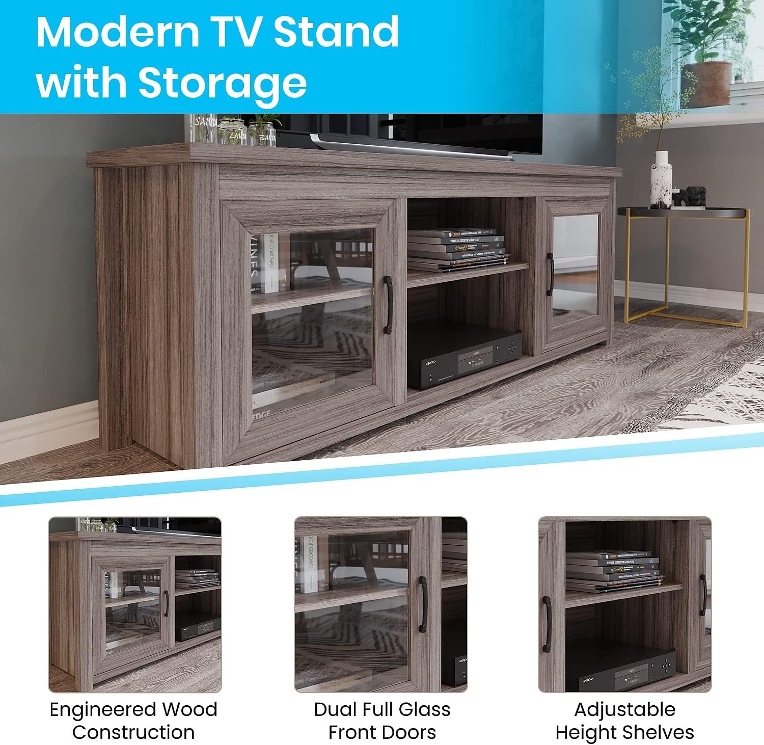 Flash Furniture Sheffield TV Stand for up to 80' TVs - Modern Gray Wash Finish & Full Glass Doors - 65' Engineered Wood Frame - 3 Height Adjustable Shelves
