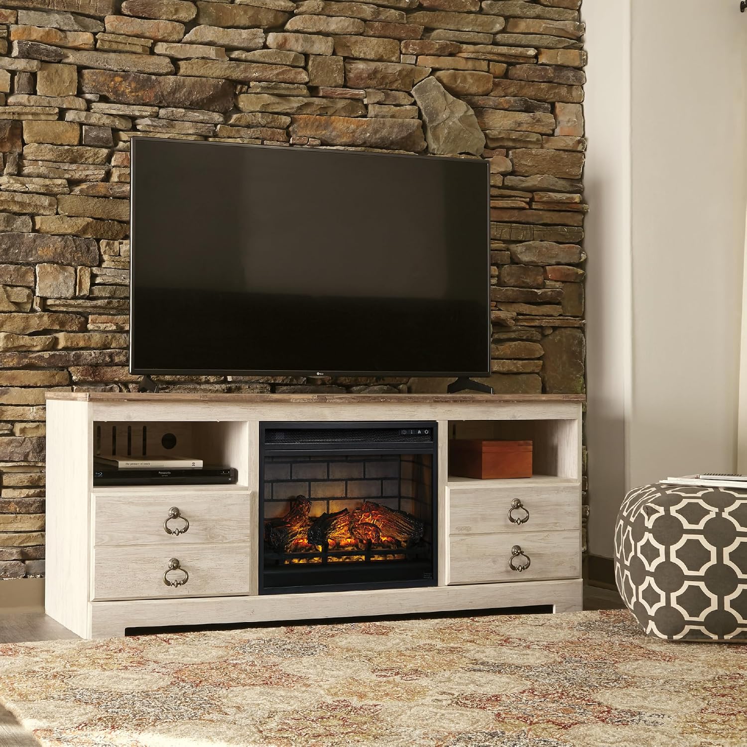 Signature Design by Ashley Entertainment Accessories Vintage 64' TV Stand with Electric Fireplace and LED Lights for TVs up to 72', Whitewash