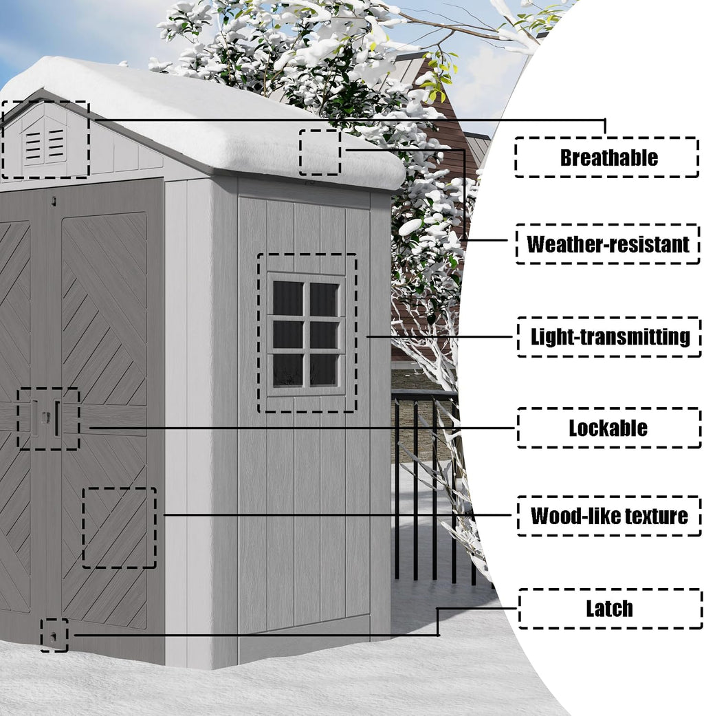 Mrosaa 6x11 FT Storage Shed with Floor,HDPE Resin Outdoor Storage Shed Weather Resistant,Lockable Garden Sheds with Windows for Home/Garden Tools/Backyard/Lawn Mower/Bike Storage(Gray)