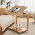 AQIMUELE Wooden C-Shaped End Table,Couch Table with Adjustable Desktop,Small Rolling Side Table with 2 Lockable Wheels 23.6' Width,Small End Table for Couch, Living Room,Bedroom (Natural)