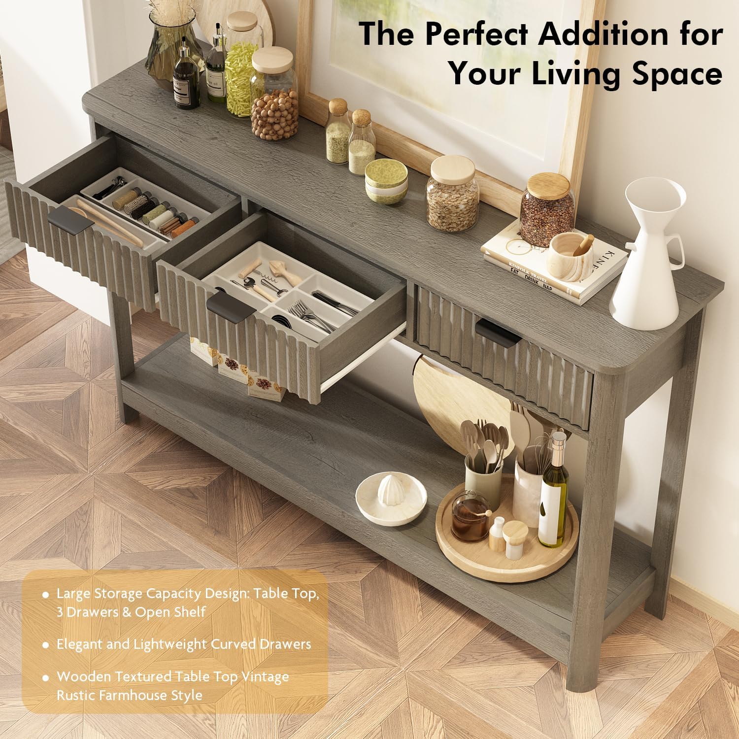 RUSTOWN Fluted Wood Console Table with 3 Drawers, 47.2' Modern Farmhouse Sofa Table & Entryway Table with Open Storage Shelf, Narrow Hallway Table for Living Room, Foyer and Hallway (Washed Oak)