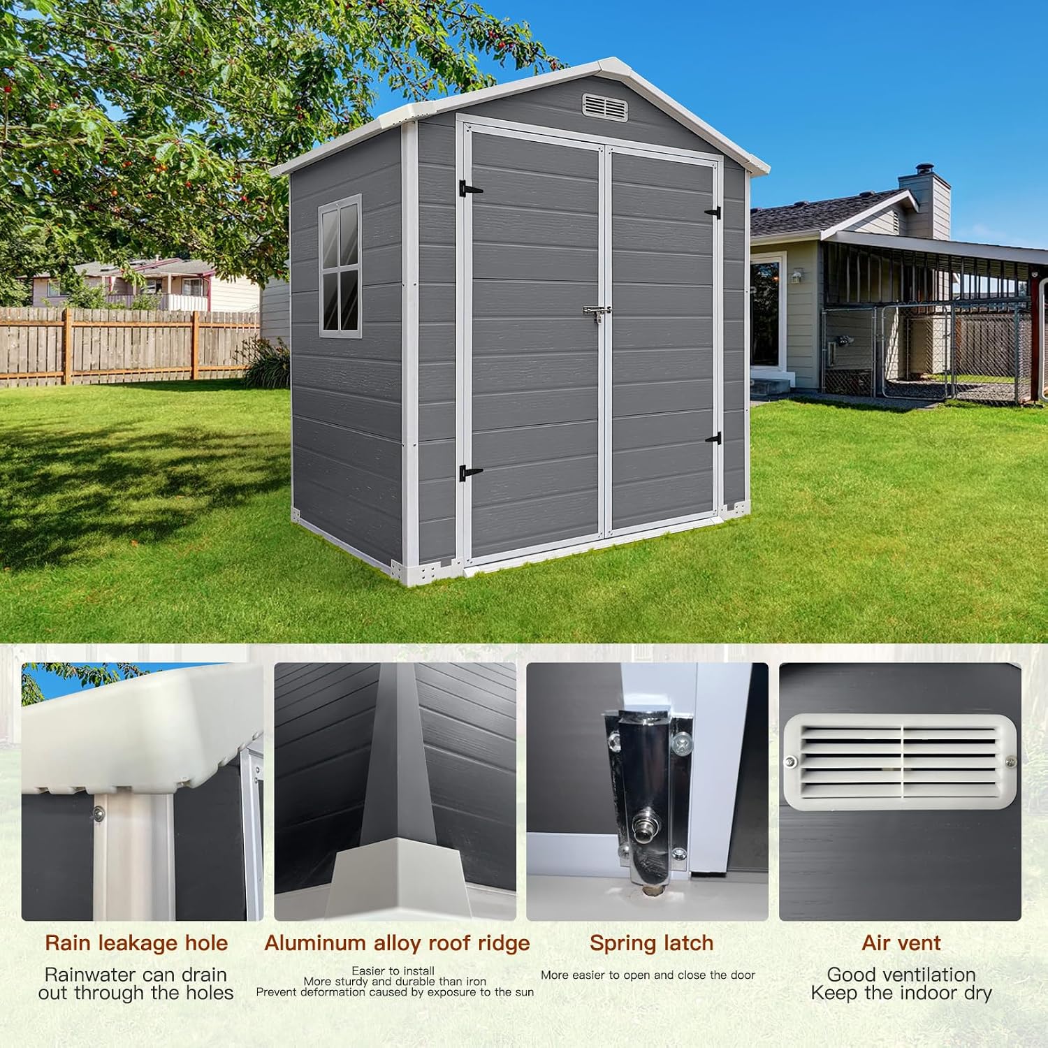 6x4 FT Outdoor Plastic Storage Shed with Floor & Lockable Door, Waterproof Garden Tool Shed with Window & Vent, All-Weather Resin Utility Shed for Backyard, Lawn, Patio, Gray