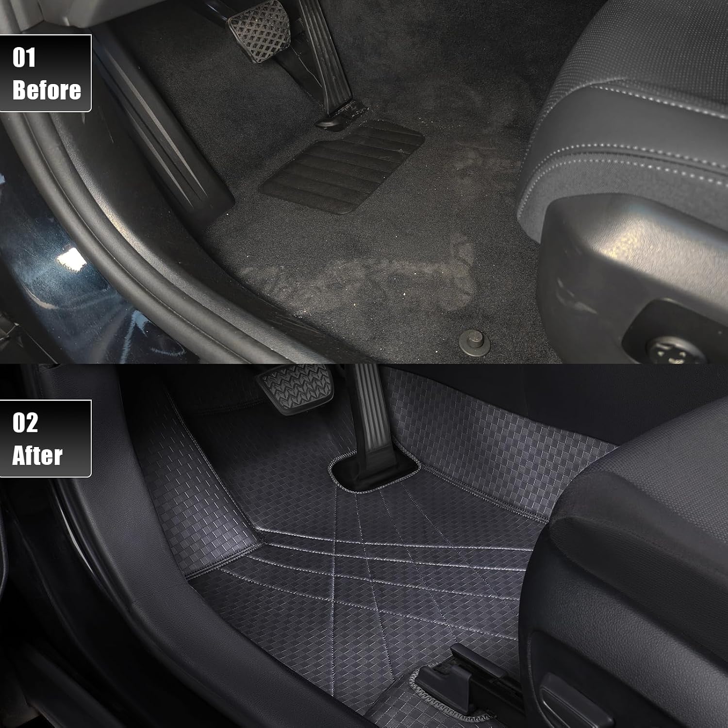 EKR Custom Floor Mats for Toyota RAV4 (Hybrid only) 2019-2025, Front & 2nd Row Luxury Car Floor Mat Fit RAV4 2019 2020 2021 2022 2023 2024 2025 - Leather (Black)