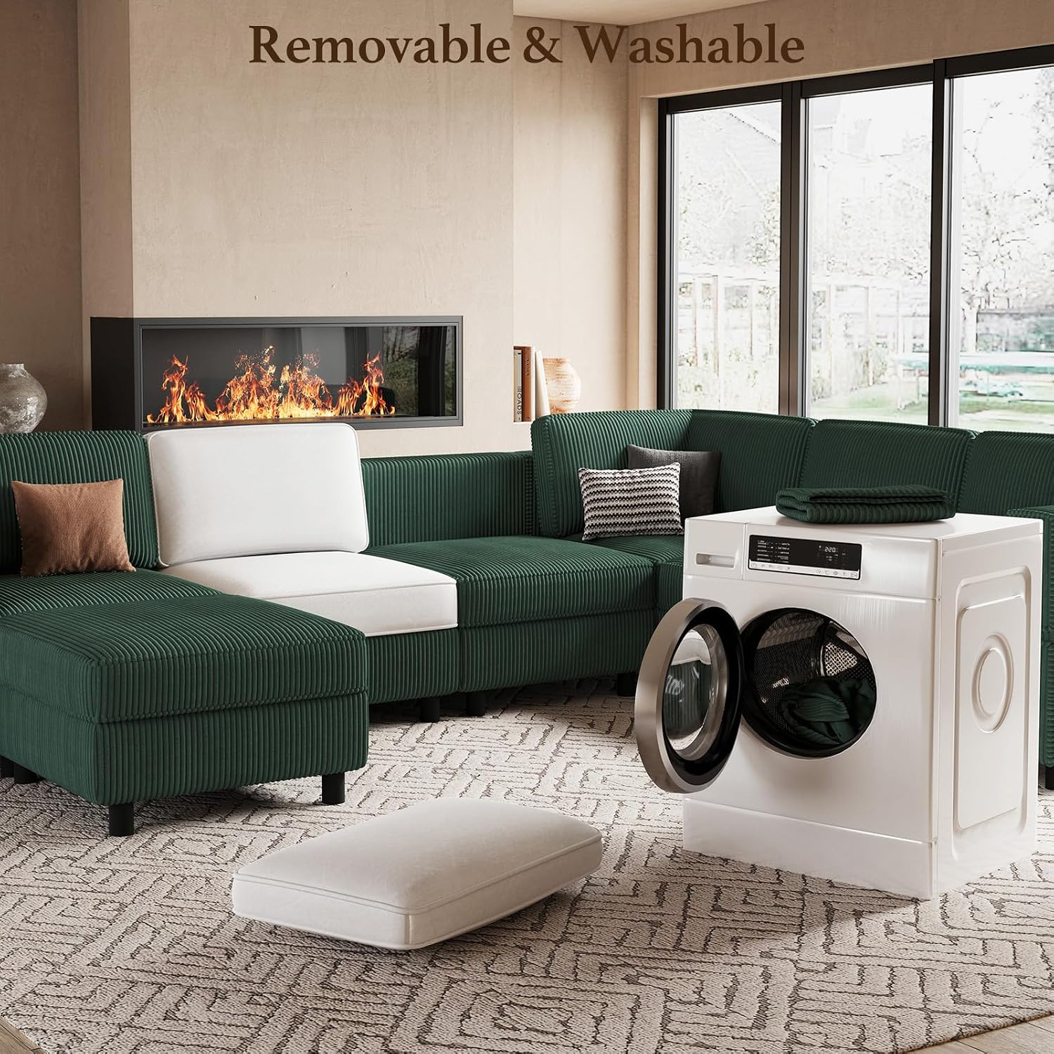 Belffin Modular Sectional Sofa with Deep Storage Seat,Corduroy Sectional Couch 6 Seat Modular Sleeper Sofa Couch,Green