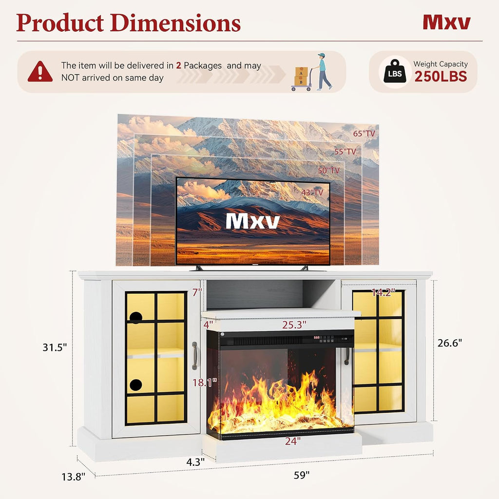 MXV 59'' Fireplace TV Stand, Farmhouse Entertainment Center with 3 Sided Glass TV Stand, Modern Media Console Table with Storage Drawers & Cabinets with LED Flame and Lights for Living Room, White
