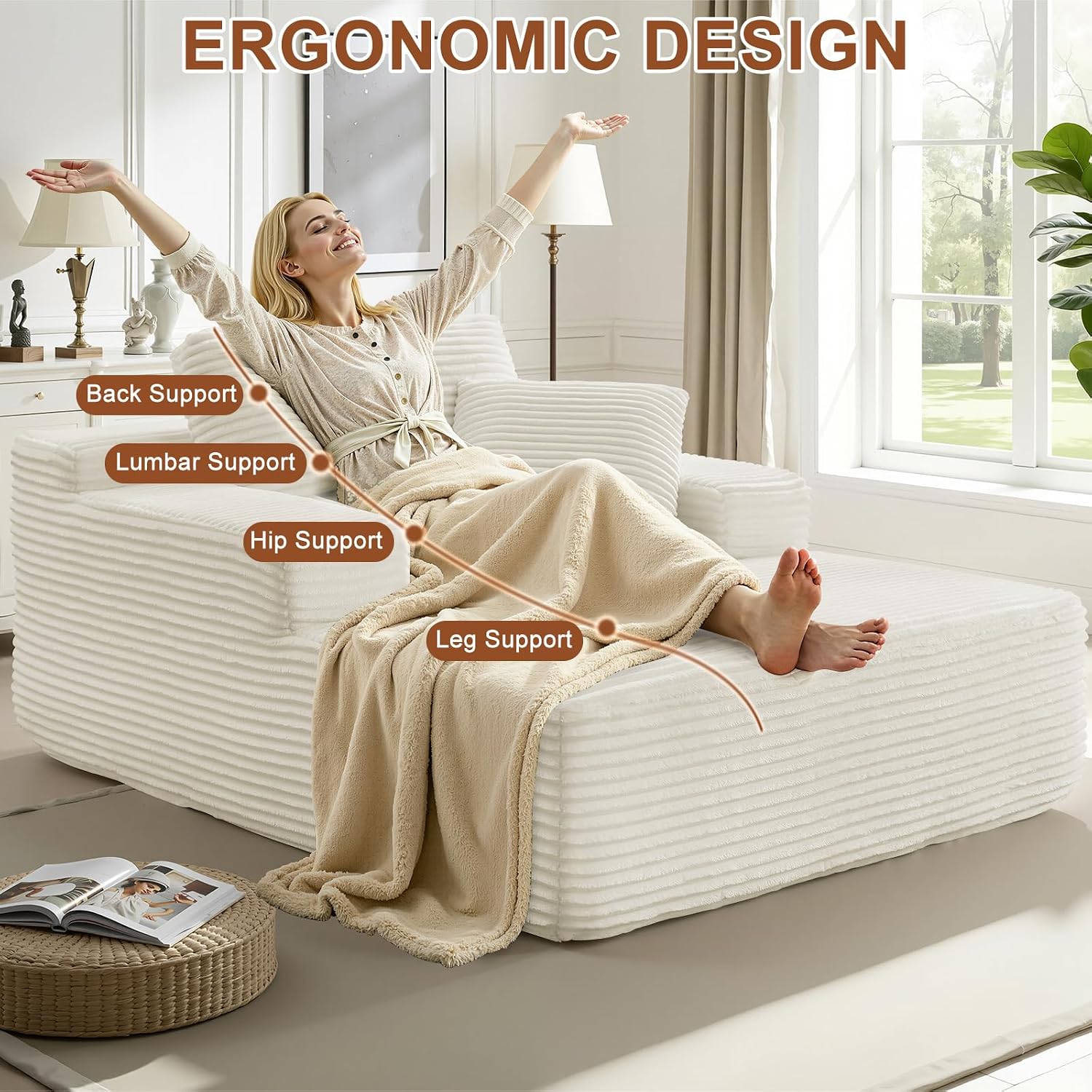 67.5 Inch Oversized Indoor Chaise Lounge, Sofa Bed, Living Room Sofa, Corduroy Sofa, Couches for Living Room, Deep Seat Sleeper Couch Reading Chairs (White)