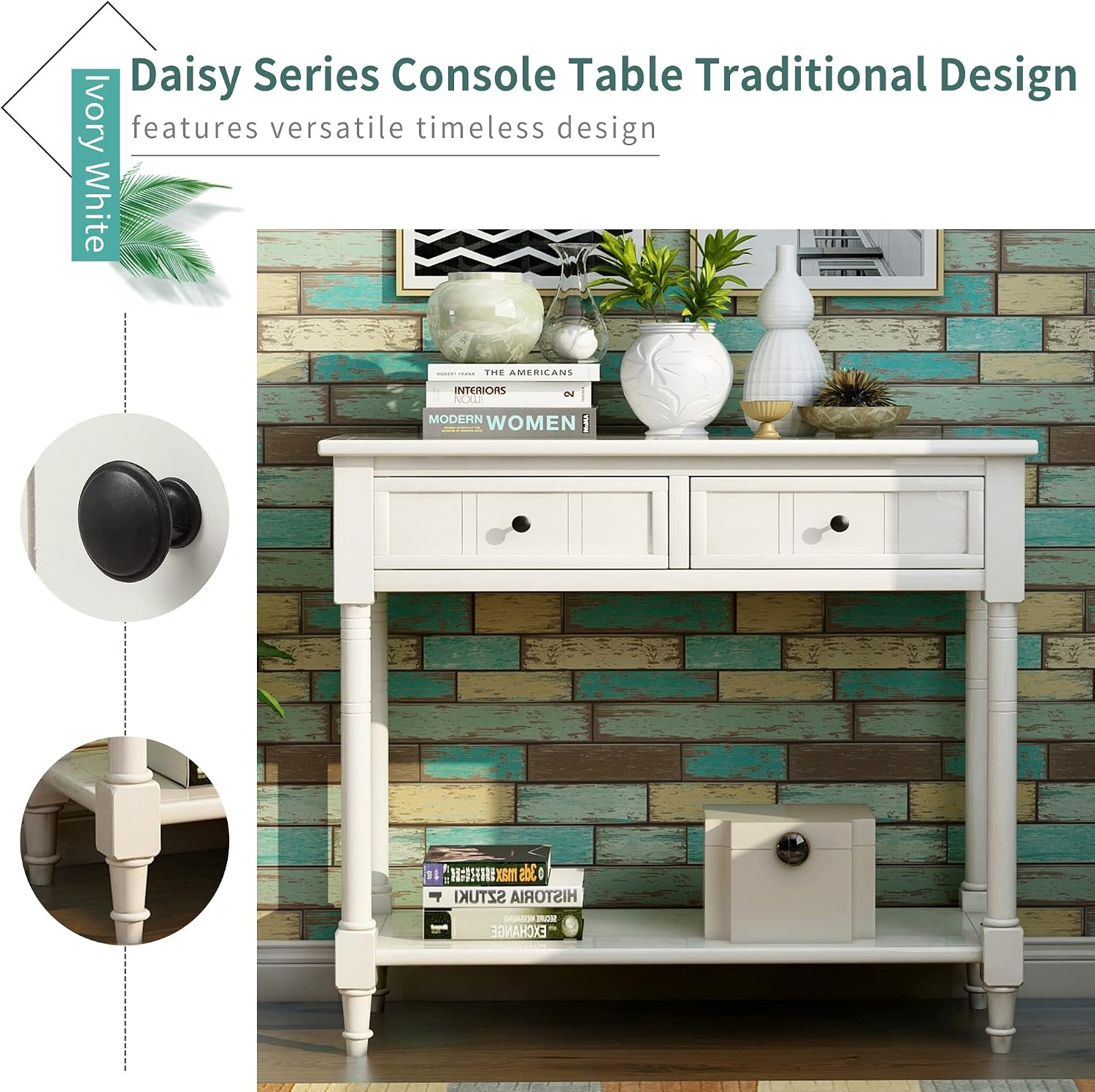 Merax Wood Sofa Table Console Table,Entryway Table Traditional Design with Two Drawers and Bottom Shelf for Living Room,Hallway,Dining Room,Lvory White
