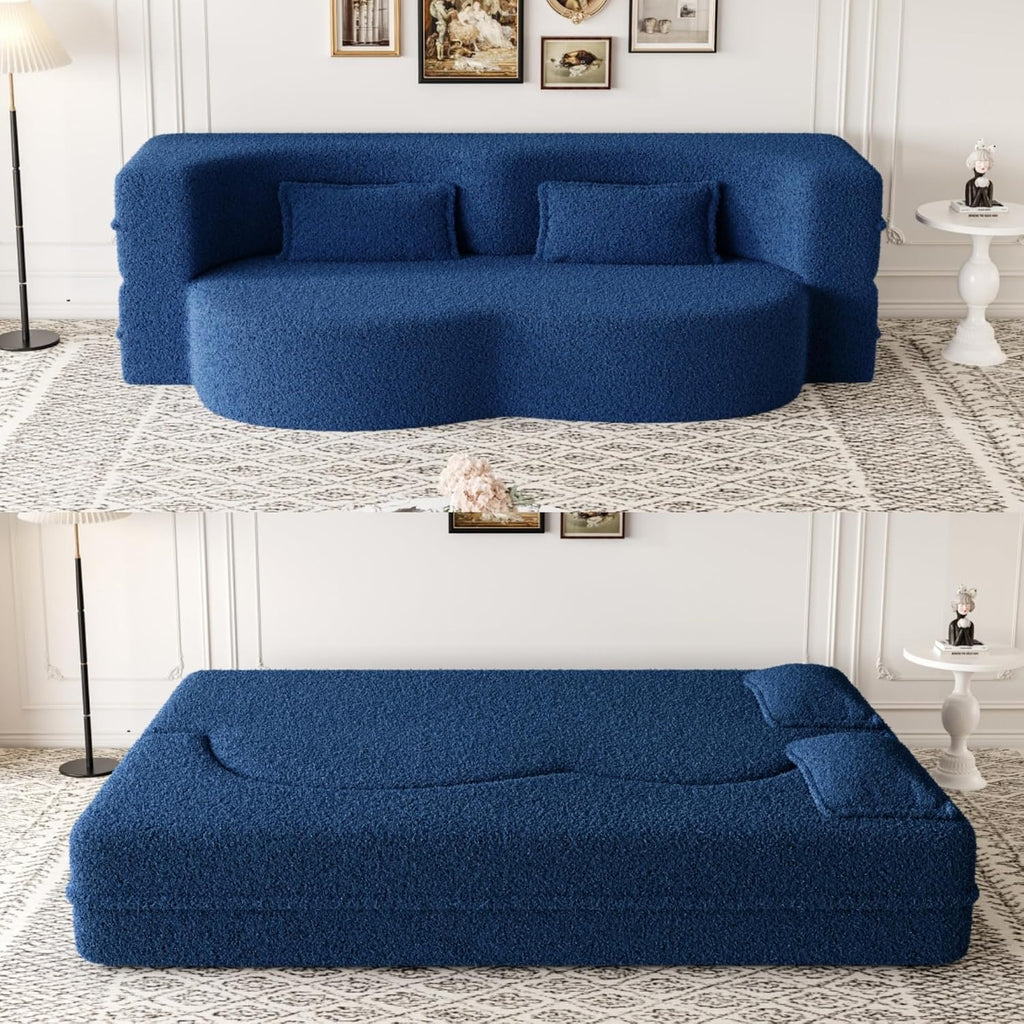 Ball & Cast 78' Floor Sofa Bed with 2 Pillows,Convertible Teddy Fabric Foam-Filled Sleeper Sofa Bed,Pull Out Couch Full Size Folding Mattress for Living Room,Playroom,No Assembly Required,Blue