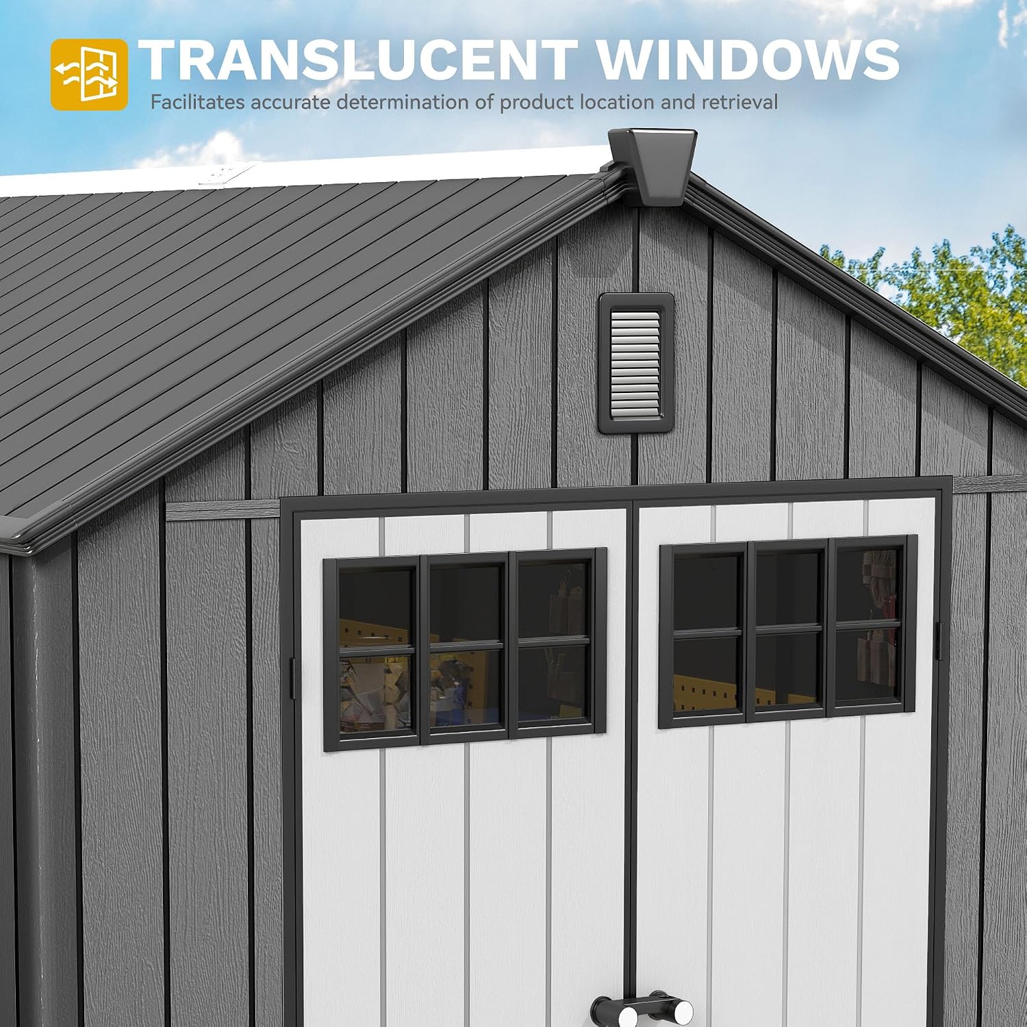 DWVO 8x10 FT Outdoor Storage Shed with Vision Grid Door Panel, 544 cuft Plastic Storage Shed with Floor, 16mm Heavy Duty All-Weather Garden Tool Sheds with Window & Vent for Pool Supplies, Black