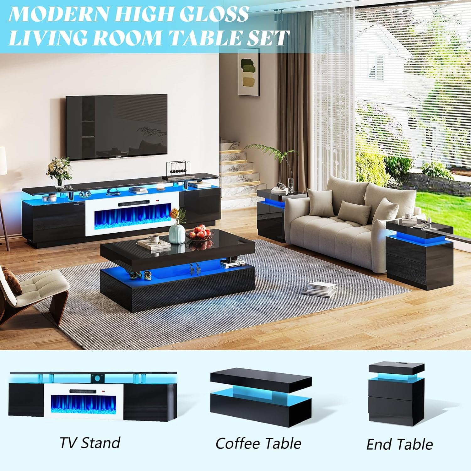 AMERLIFE Fireplace TV Stand with 36' White Fireplace, 70' Modern Fireplace Entertainment Center LED Lights, 2 Tier TV Console Cabinet for TVs Up to 80', Black & White