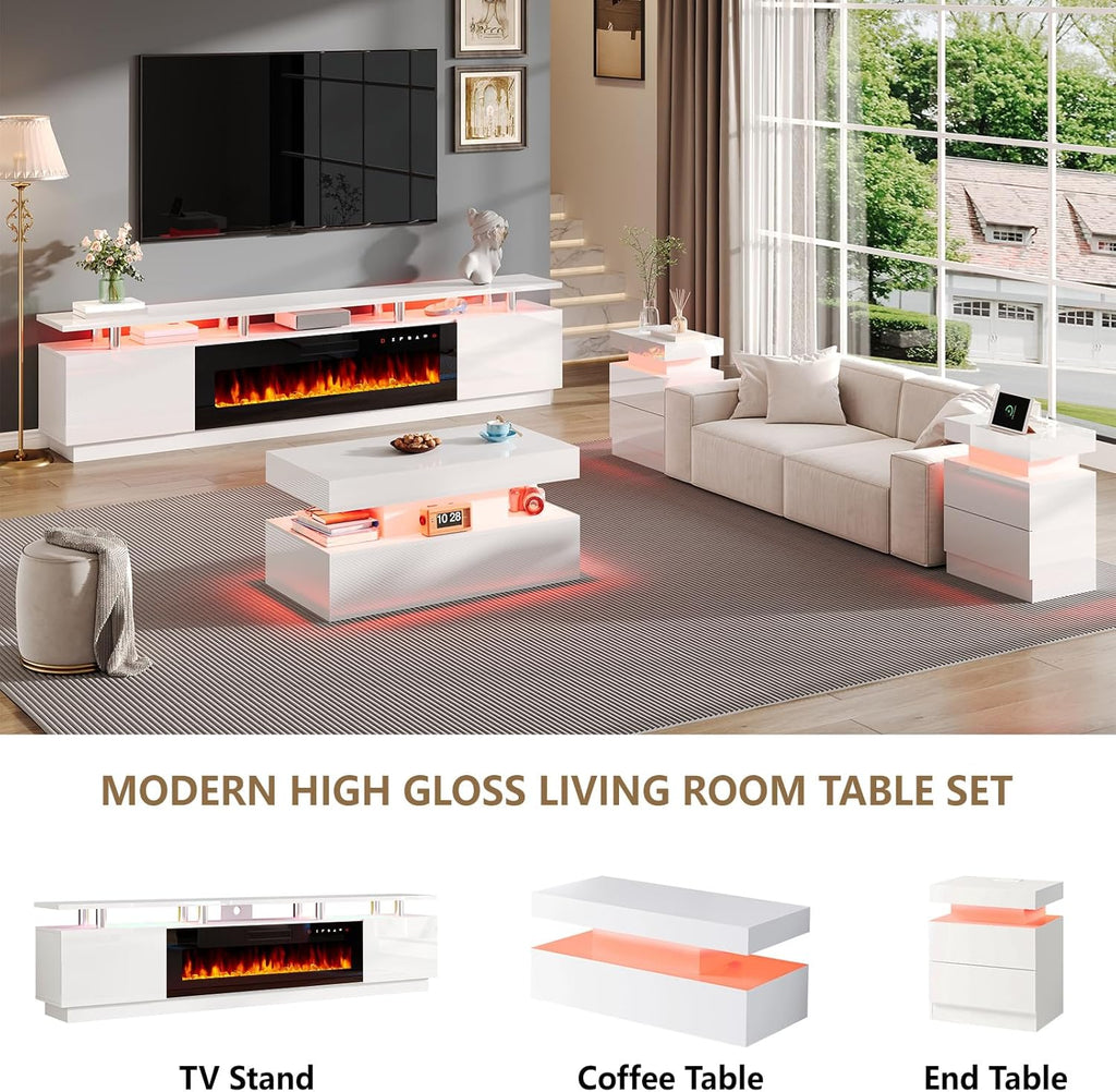 AMERLIFE 90' 2 Tier Fireplace TV Stand with 50' Fireplace, Modern Large Entertainment Center LED Lights, Media Console Table Storage Cabinets for TVs Up to 100', Living Room, White & Black