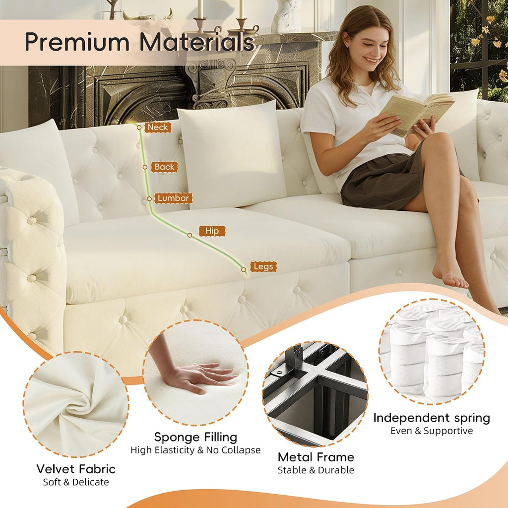 89' King Size Sleeper Sofa Bed, 3-in-1 Convertible Pull Out Chesterfield Sleeper Couch, Oversized Velvet Button Tufted Loveseat Sofa for Living Room Small Spaces, Beige White