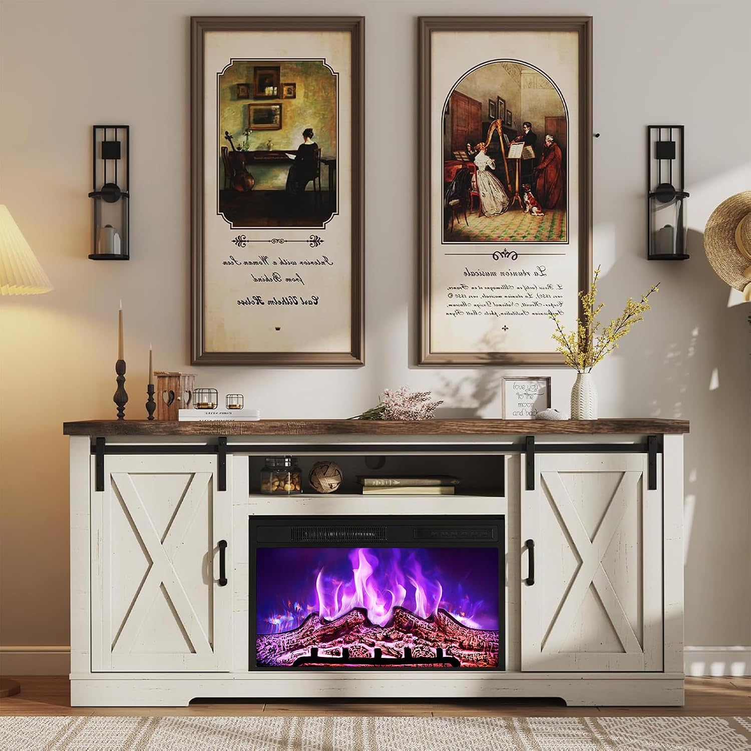 AMERLIFE Fireplace TV Stand with Sliding Barn Door for TVs up to 73', Farmhouse 63' Fireplace Entertainment Center with Storage Cabinets/Adjustable Shelves, Distressed White & Barnwood