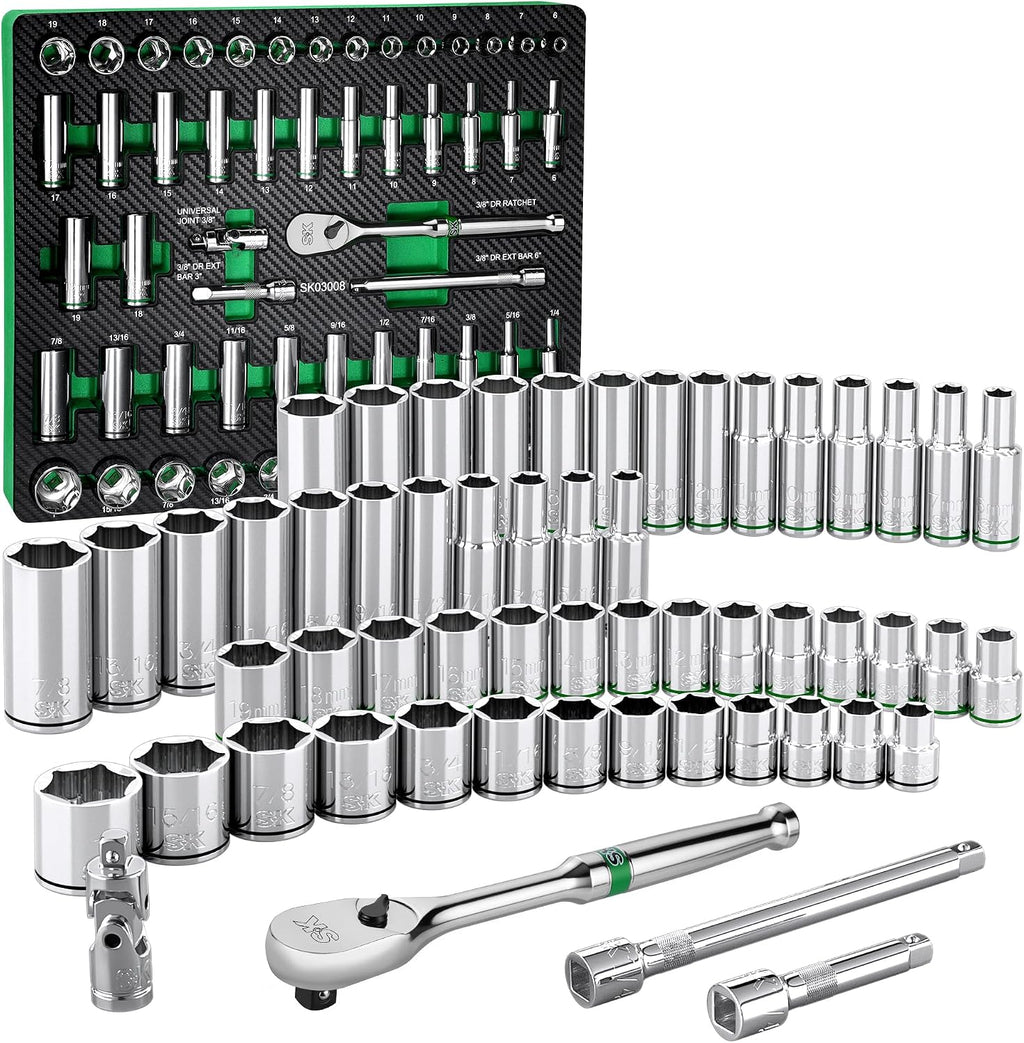 SK 3/8' Drive Socket Set with 90-Tooth Ratchet, 56-Piece, SAE & Metric, SuperKrome Finish, Premium CR-V Construction, with EVA Foam Tool Organizer
