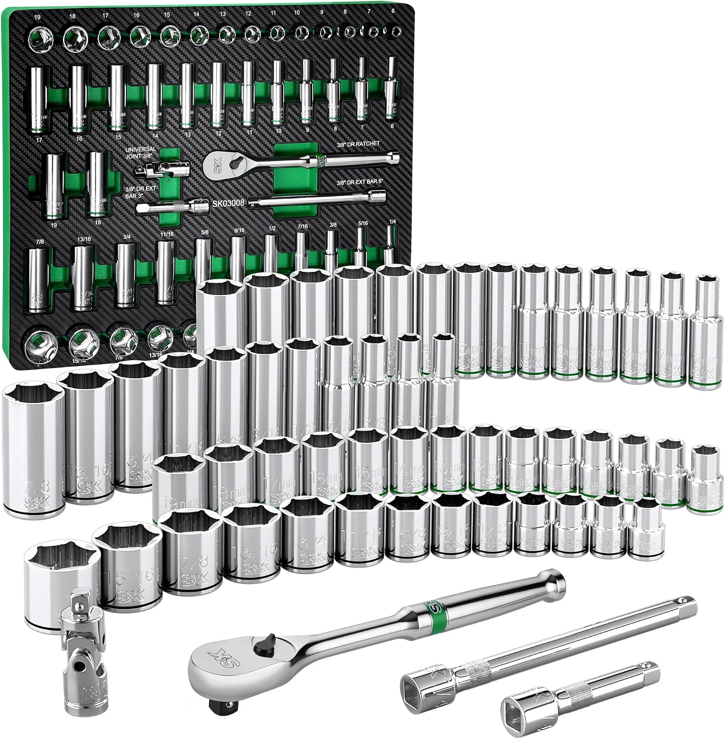 SK 3/8' Drive Socket Set with 90-Tooth Ratchet, 56-Piece, SAE & Metric, SuperKrome Finish, Premium CR-V Construction, with EVA Foam Tool Organizer
