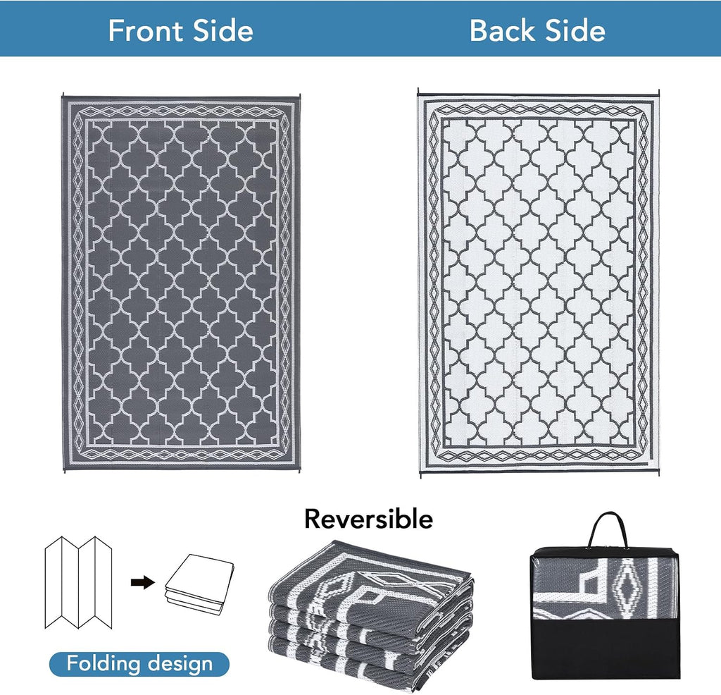 Outdoor Rug 10x20 Patio Waterproof, Foldable Reversible Outdoor Plastic Straw Rug Trellis Mat for Camper Outside Carpet for Rv, Deck, Porch, Picnic, Beach, Balcony Trellis|Grey&White