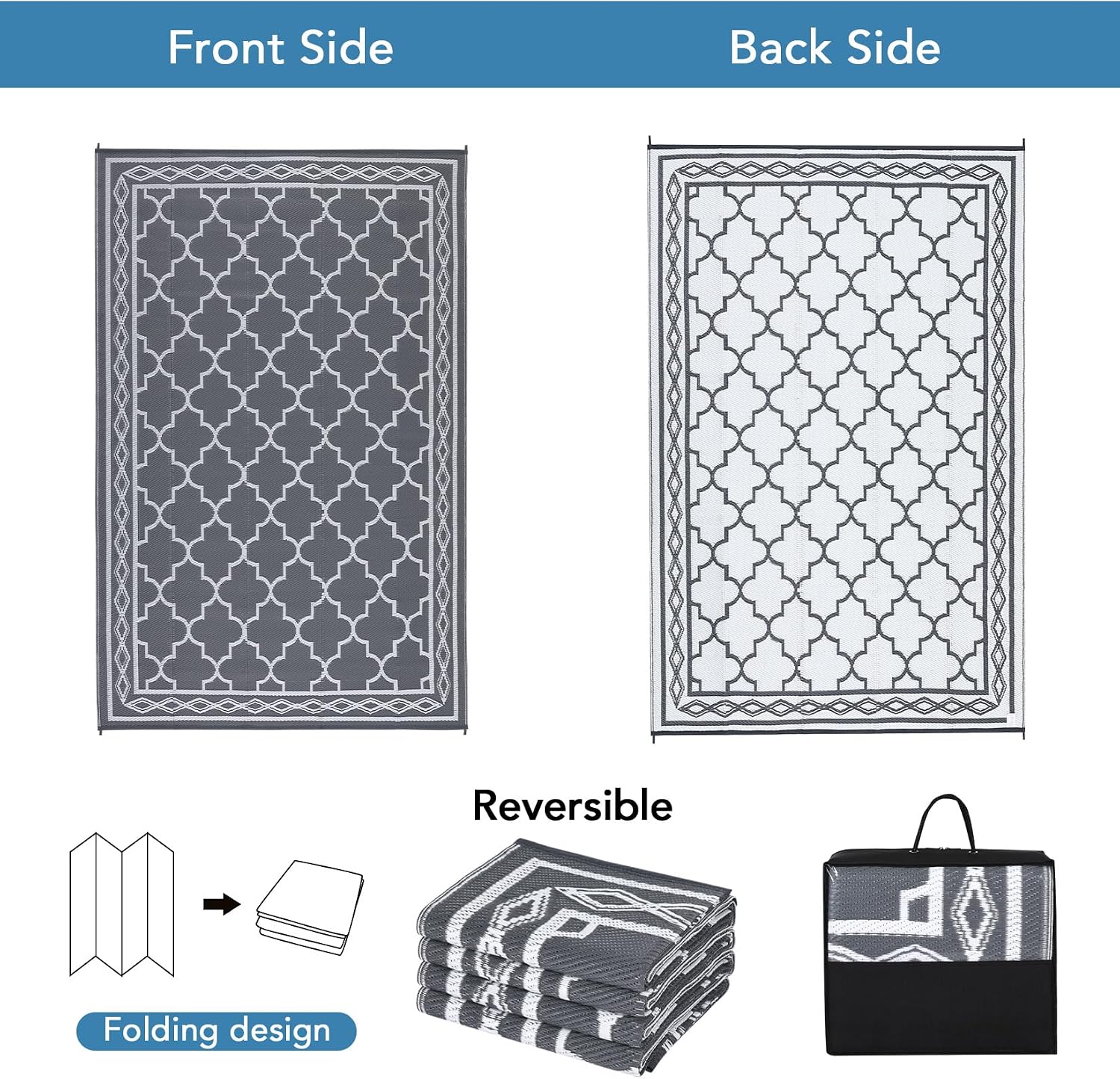 Outdoor Rug 10x20 Patio Waterproof, Foldable Reversible Outdoor Plastic Straw Rug Trellis Mat for Camper Outside Carpet for Rv, Deck, Porch, Picnic, Beach, Balcony Trellis|Grey&White
