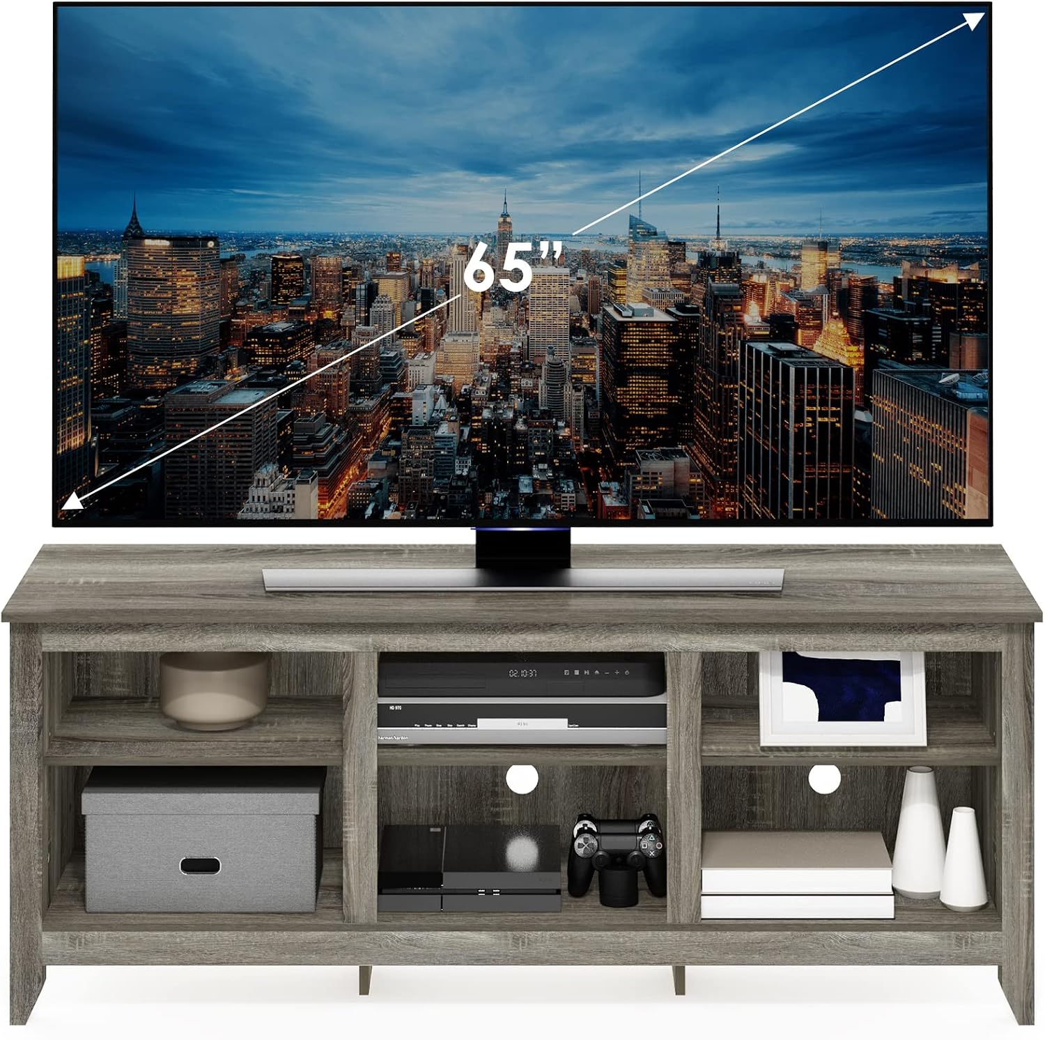 Furinno Jensen TV Stand with Shelf, 65-Inch, French Oak Grey